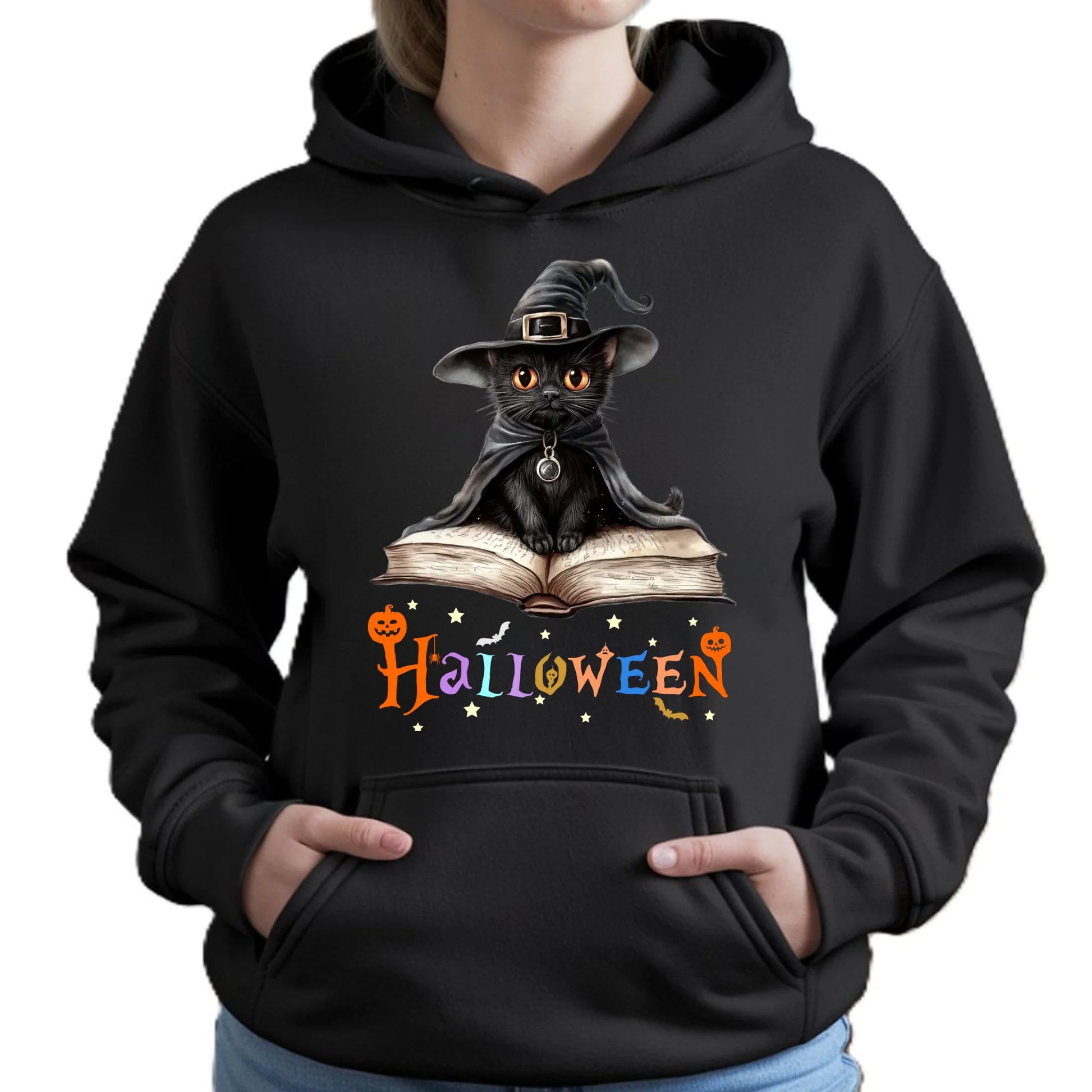 Bluza damska z kapturem na Halloween - Kot Czarodziej HL06 - StoryCups.pl