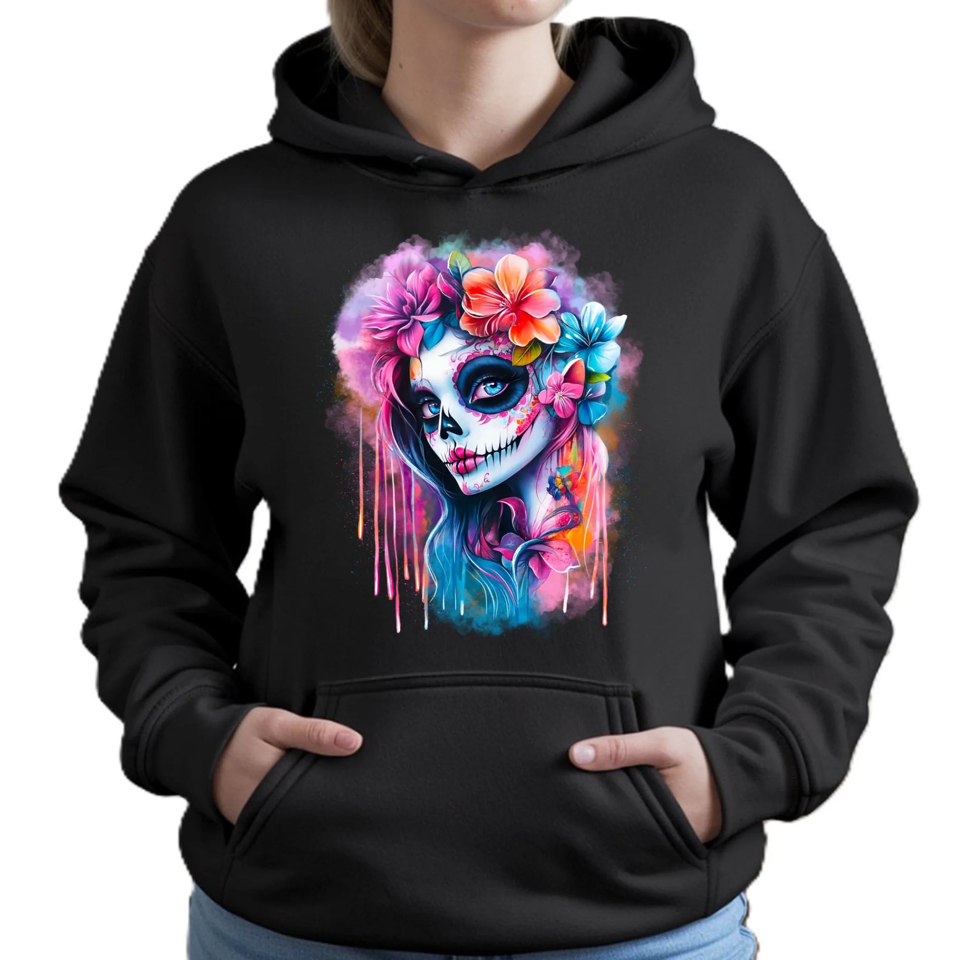 Bluza damska z kapturem Halloween - kolorowa czaszka z kwiatami La Muerte HL05 - StoryCups.pl