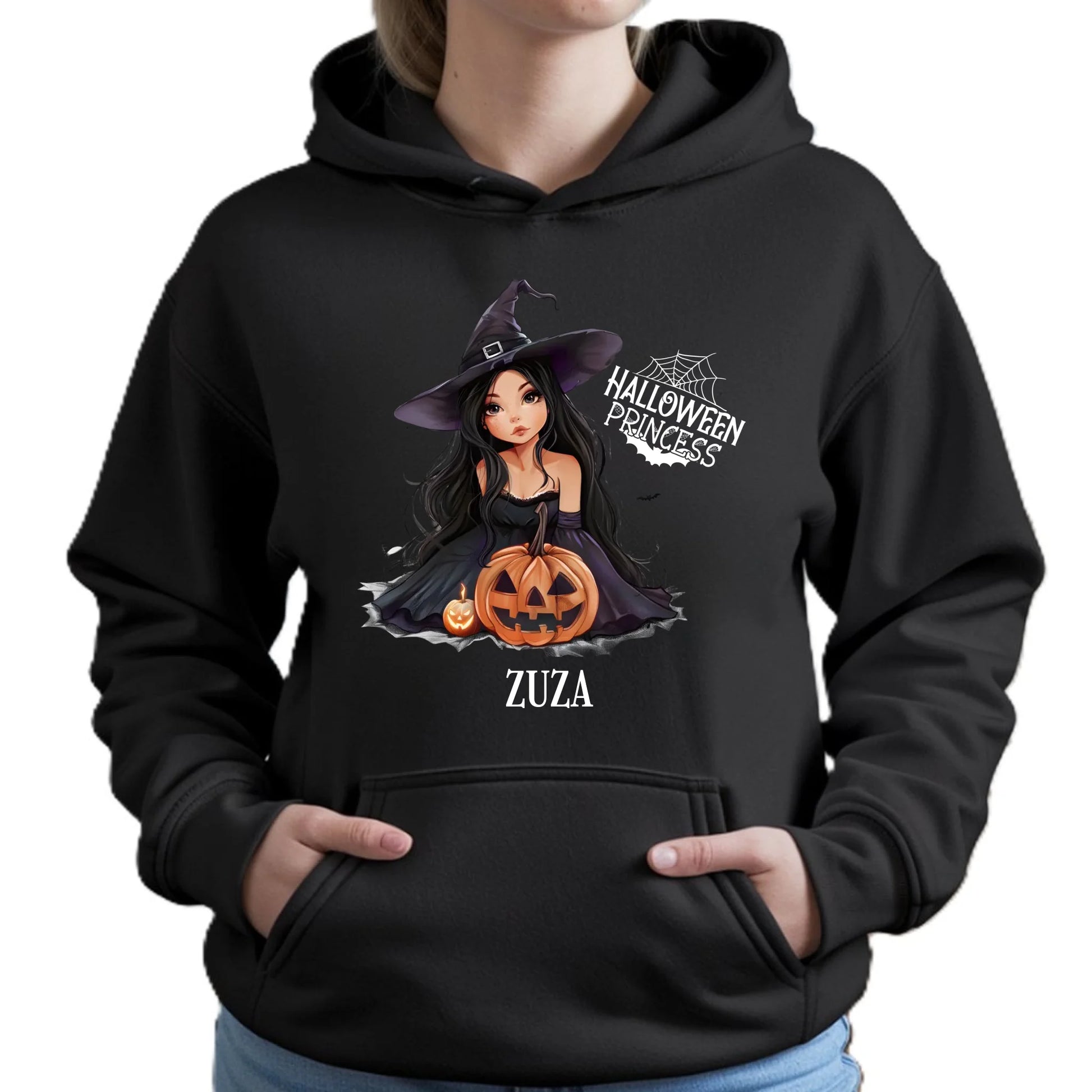 Bluza damska z kapturem halloweenowa - Czarownica z dynią - personalizowana HL10 - StoryCups.pl