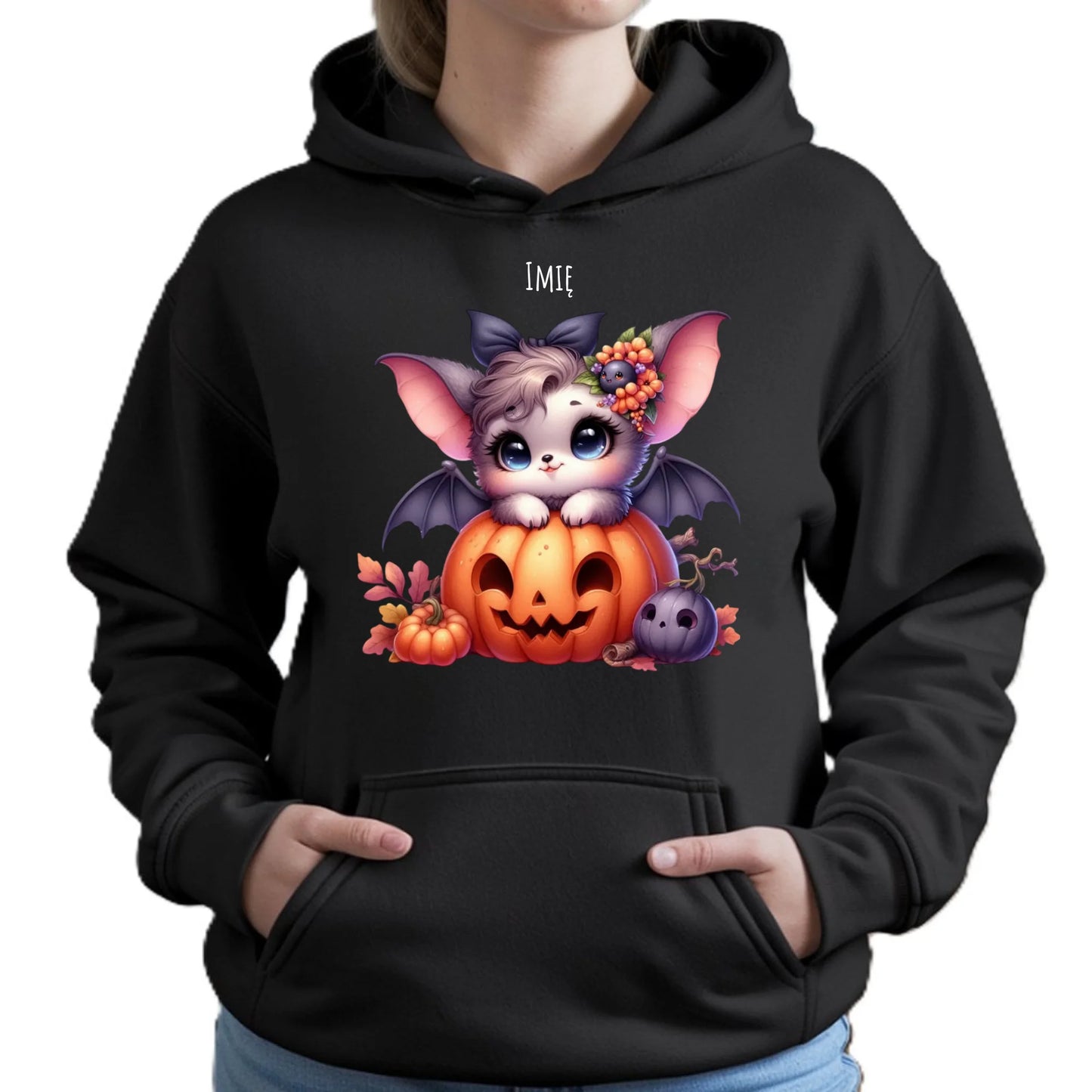 Bluza damska z kapturem halloweenowa - Uroczy nietoperz z dynią - personalizowana HL08 - StoryCups.pl