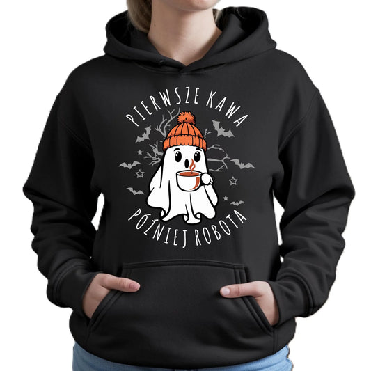 Bluza damska z kapturem na Halloween - Duch z kawą - Pierwsze kawa później robota HL01 - StoryCups.pl