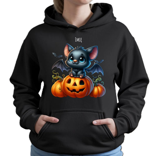 Bluza damska z kapturem halloweenowa - Słodki nietoperz z dynią - personalizowana HL09 - StoryCups.pl