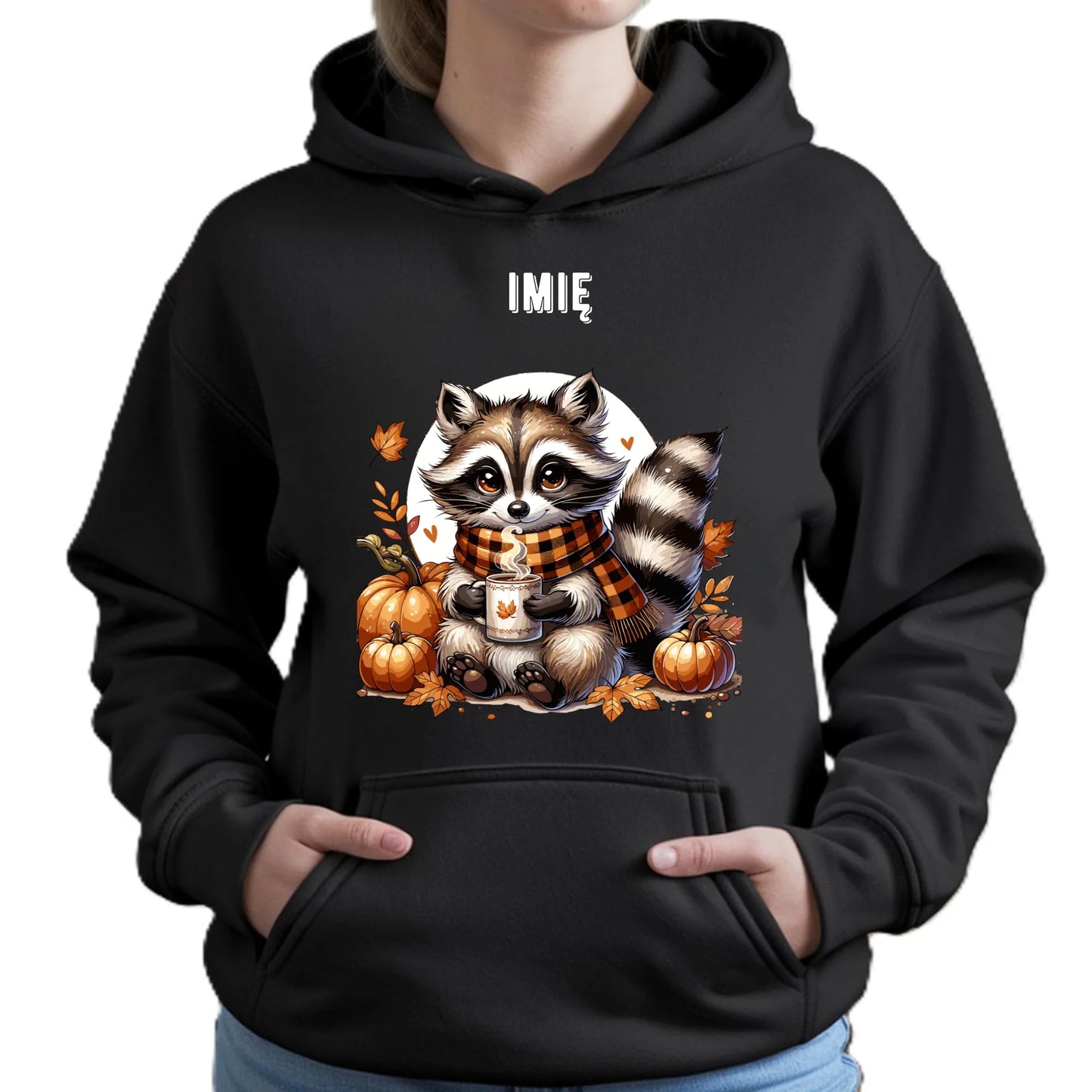 Bluza damska z kapturem jesienna – Szop z kawą i dyniami - personalizowana JS16 - StoryCups.pl