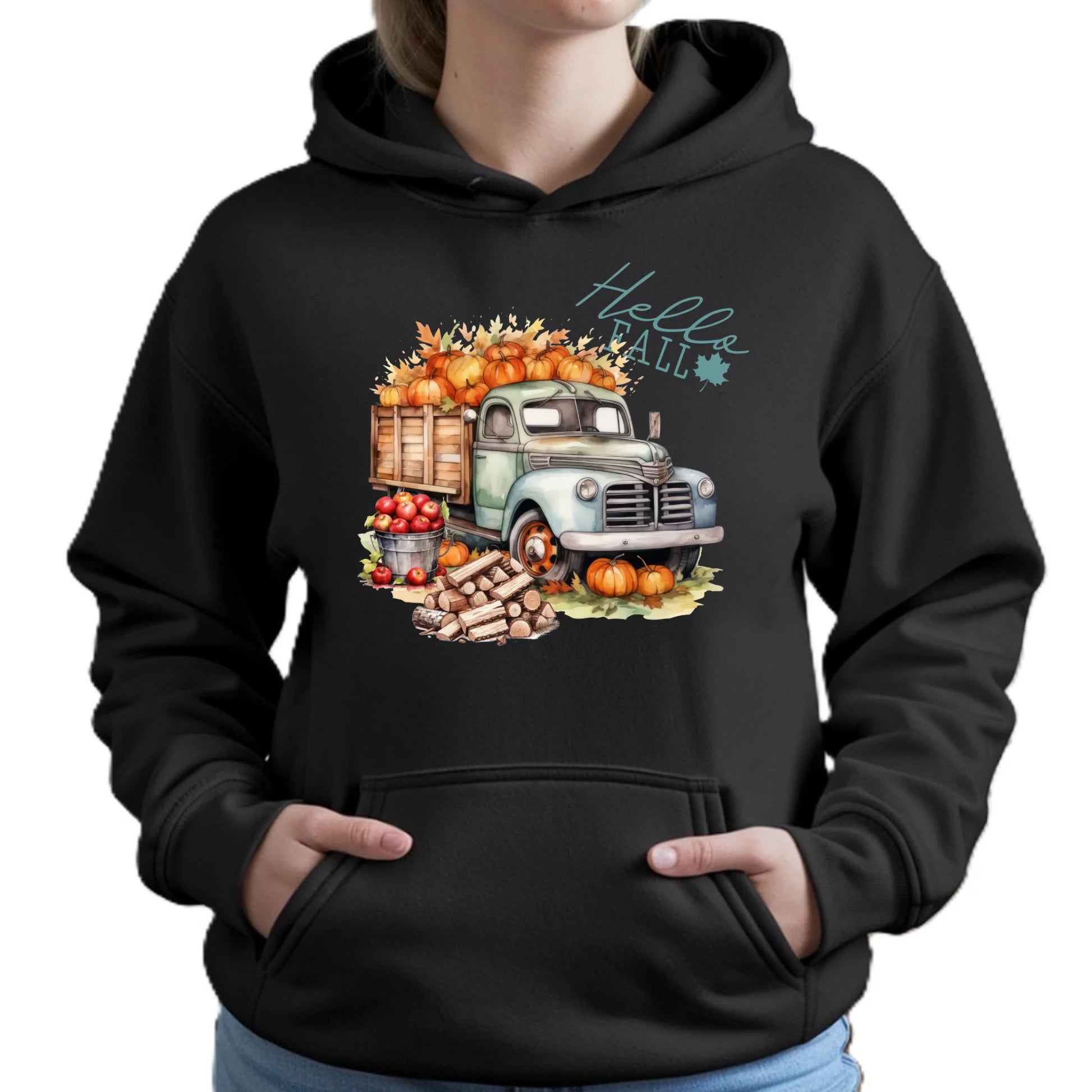 Bluza damska z kapturem – Hello Fall ciężarówka z dyniami JS08 - StoryCups.pl