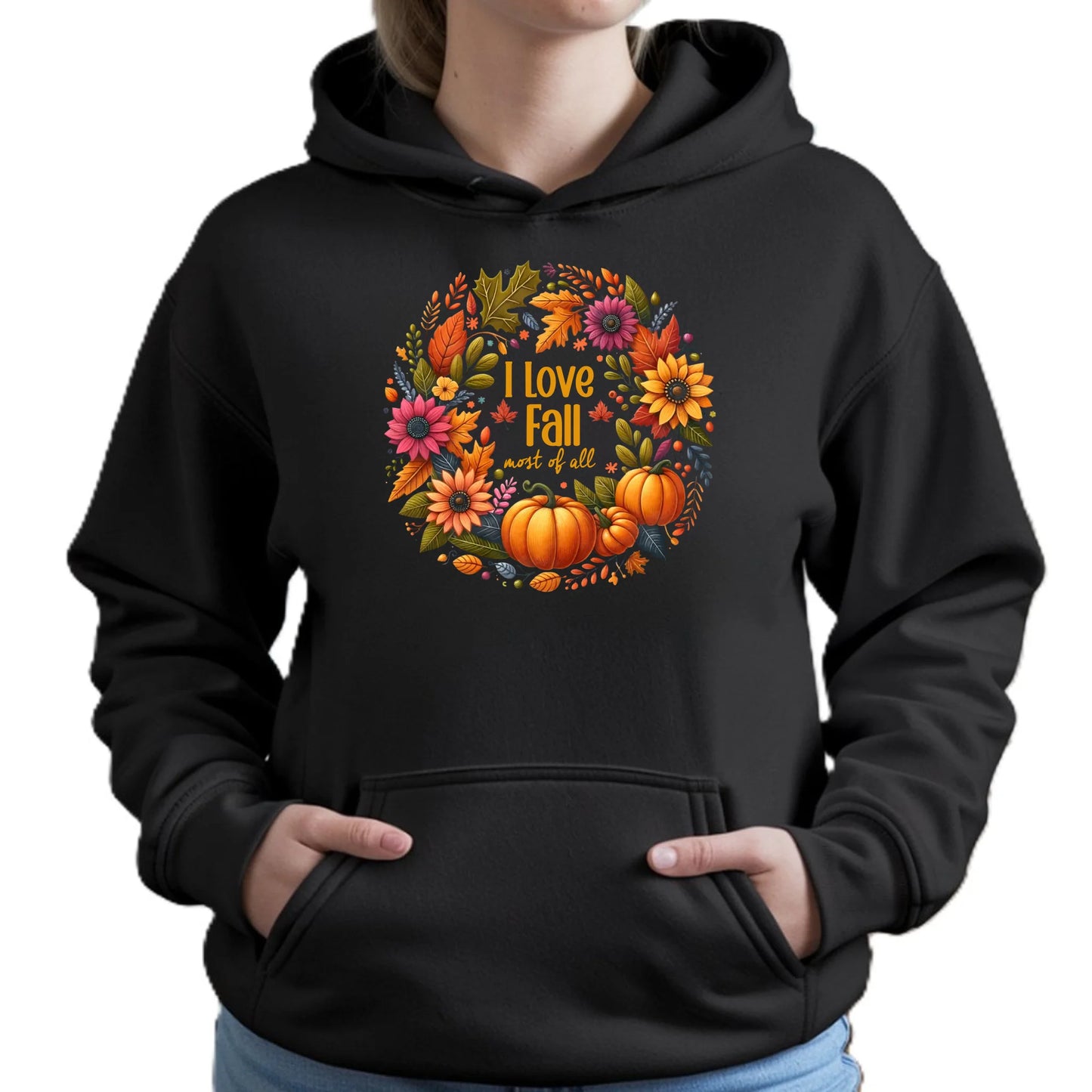 Bluza damska z kapturem jesienna - Kocham jesień - dynia z liśćmi JS03 - StoryCups.pl