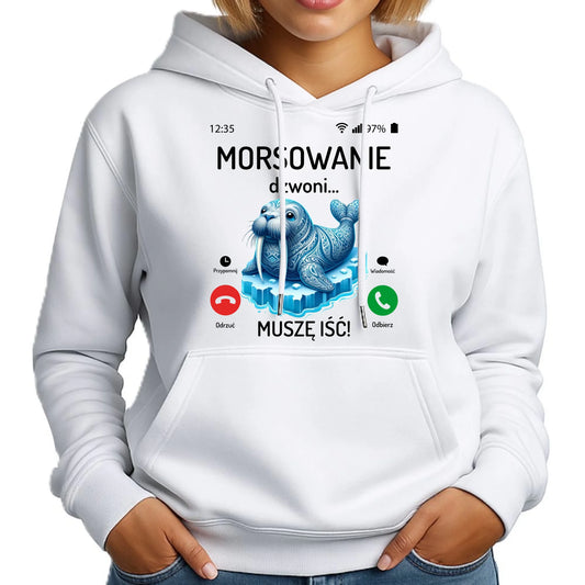 Bluza damska z kapturem - prezent dla morsa - Morsowanie dzwoni muszę iść - Mors HM04 - StoryCups.pl