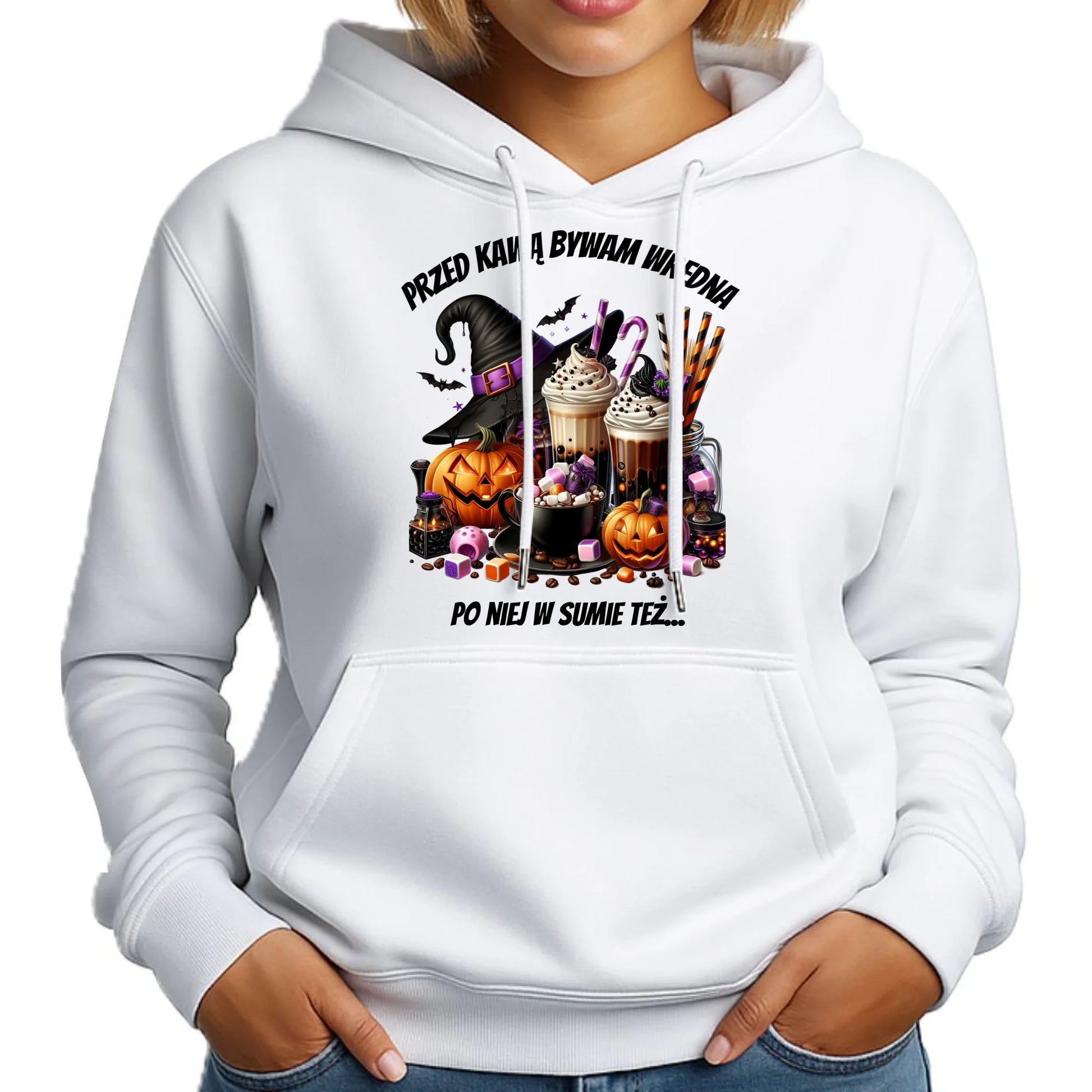 Bluza damska z kapturem Halloween – Przed kawą bywam wredna, po niej w sumie też HL30 - StoryCups.pl