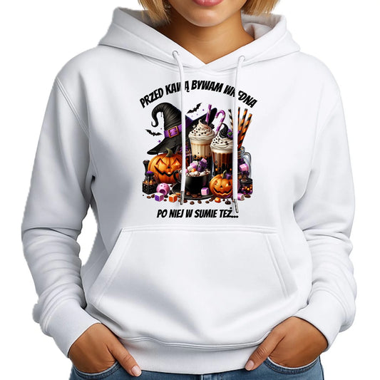 Bluza damska z kapturem Halloween – Przed kawą bywam wredna, po niej w sumie też HL30 - StoryCups.pl