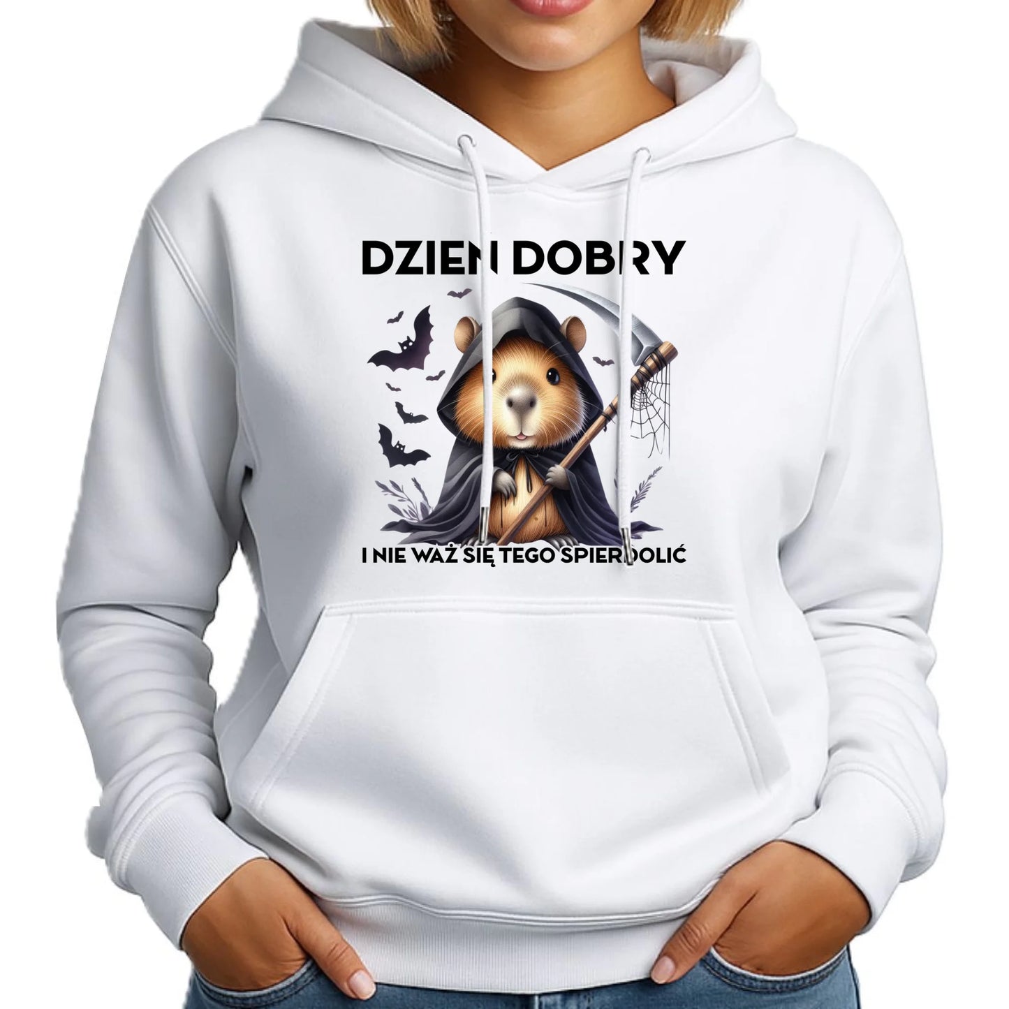 Bluza damska z kapturem na halloween - Kapibara Żniwiarz - Dzień dobry - bez cenzury HL20 - StoryCups.pl