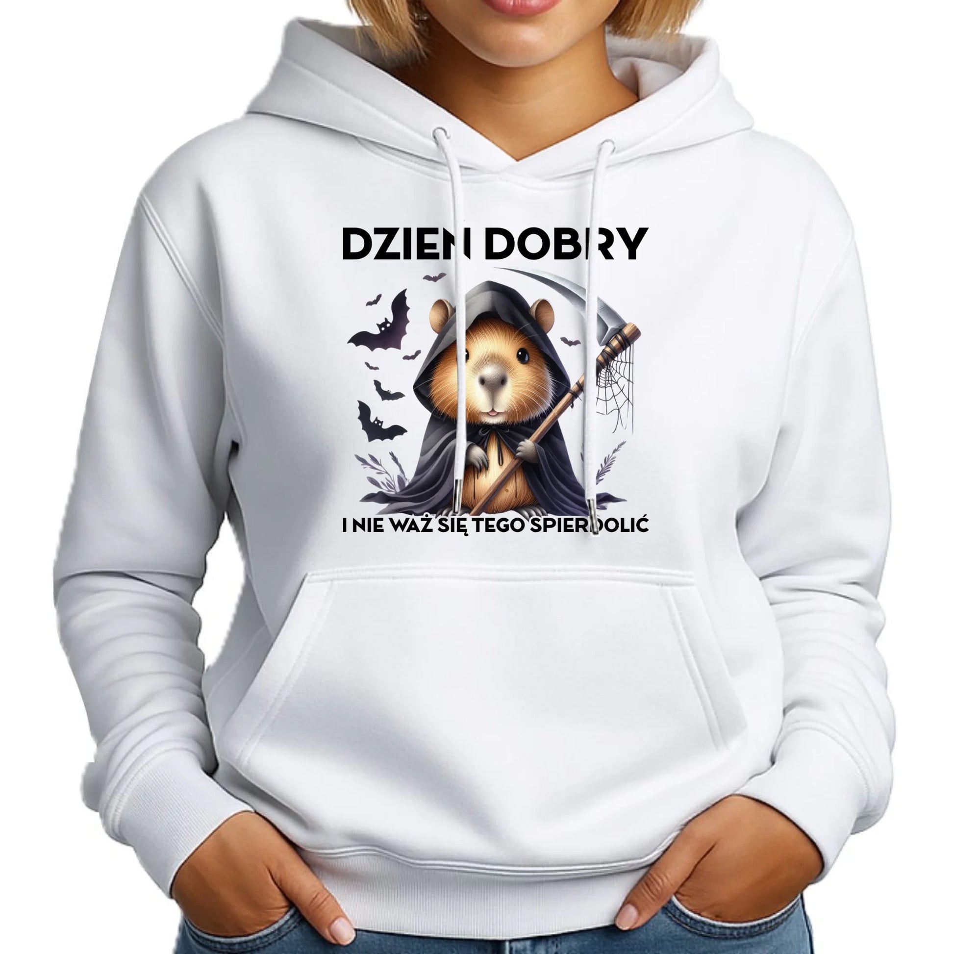 Bluza damska z kapturem na halloween - Kapibara Żniwiarz - Dzień dobry - bez cenzury HL20 - StoryCups.pl