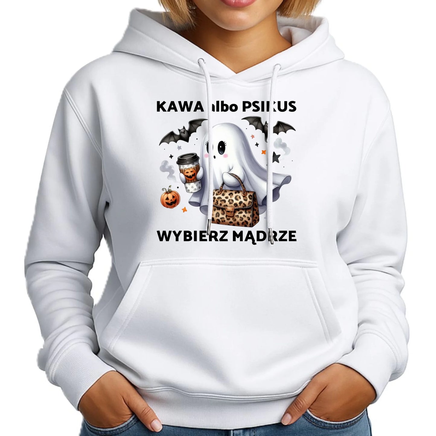 Bluza damska z kapturem halloweenowa - Duch - Kawa albo psikus HL07 - StoryCups.pl