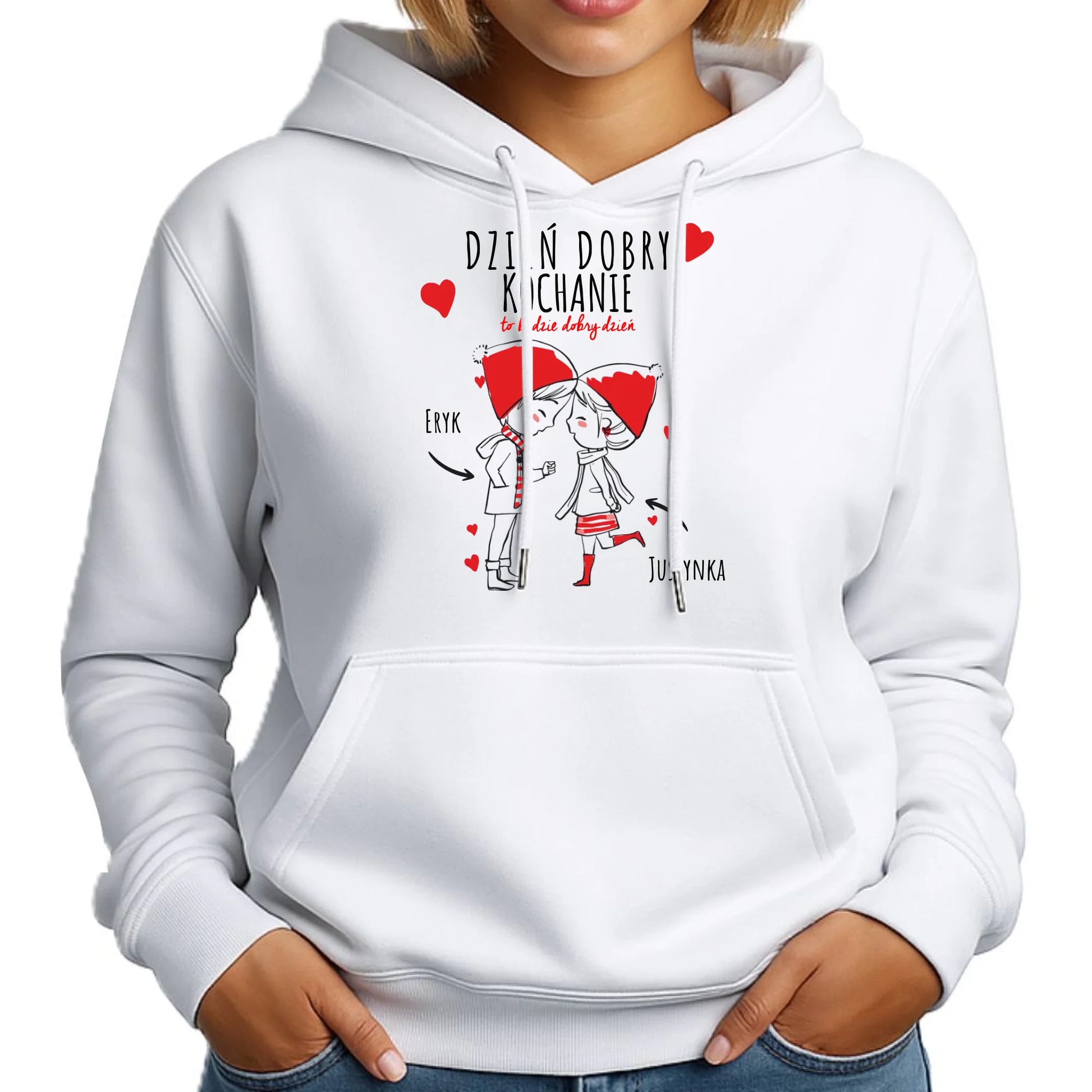 Bluza damska z kapturem dla par - prezent na Walentynki - Dzień dobry Kochanie - personalizowana W10 - StoryCups.pl