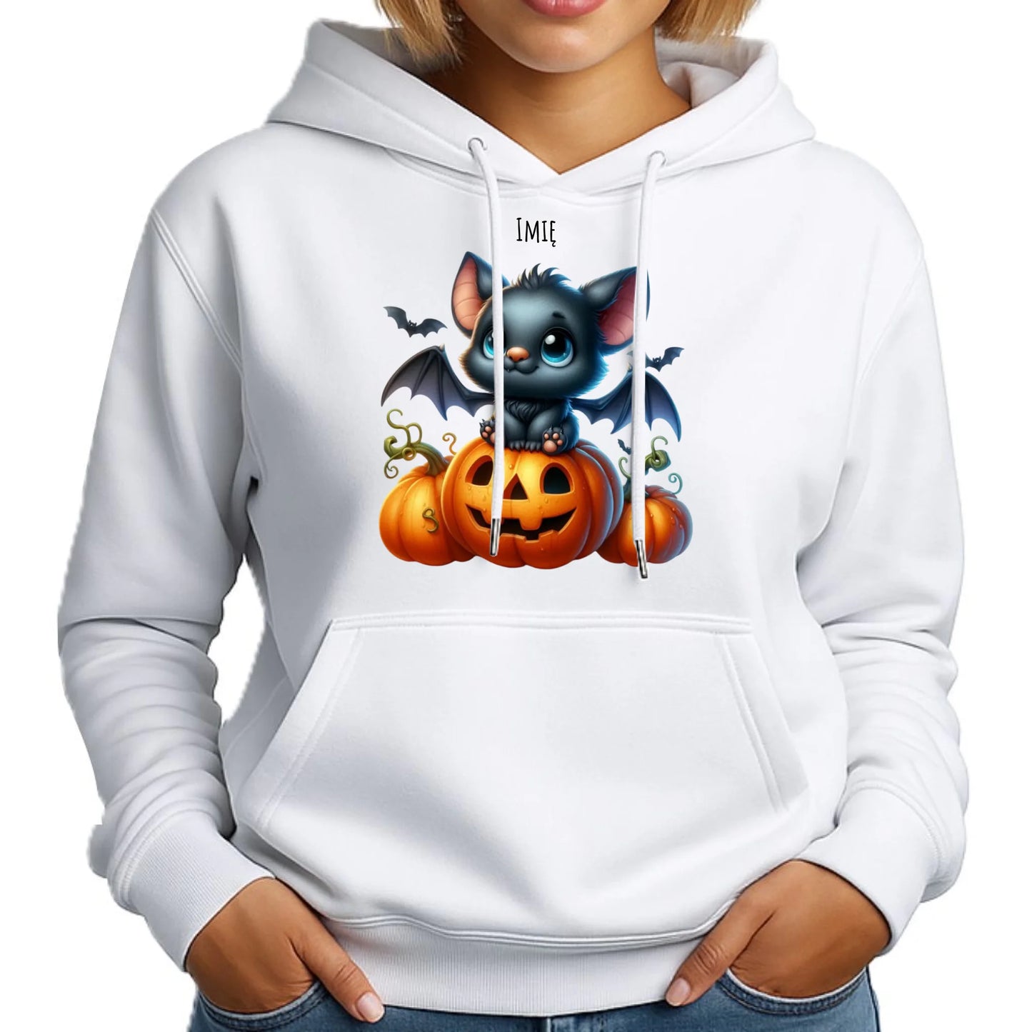 Bluza damska z kapturem halloweenowa - Słodki nietoperz z dynią - personalizowana HL09 - StoryCups.pl
