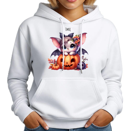 Bluza damska z kapturem halloweenowa - Uroczy nietoperz z dynią - personalizowana HL08