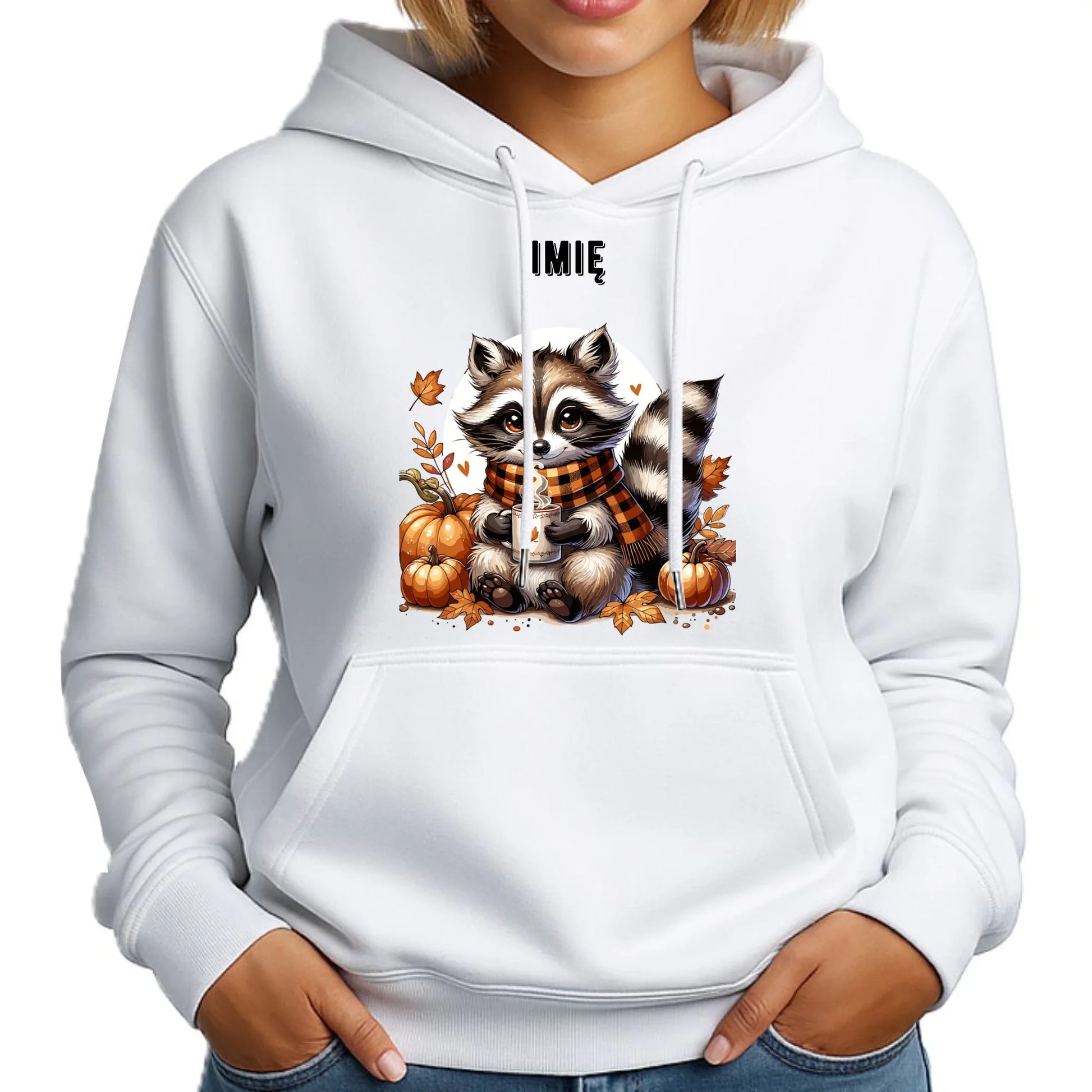 Bluza damska z kapturem jesienna – Szop z kawą i dyniami - personalizowana JS16 - StoryCups.pl