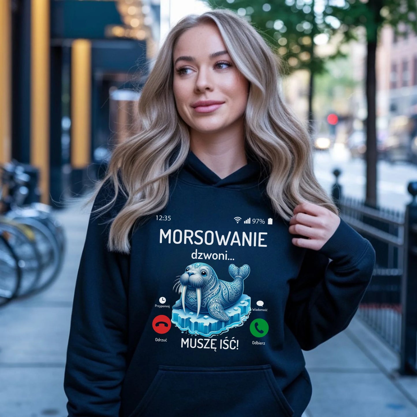 Bluza damska z kapturem - prezent dla morsa - Morsowanie dzwoni muszę iść - Mors HM04 - StoryCups.pl