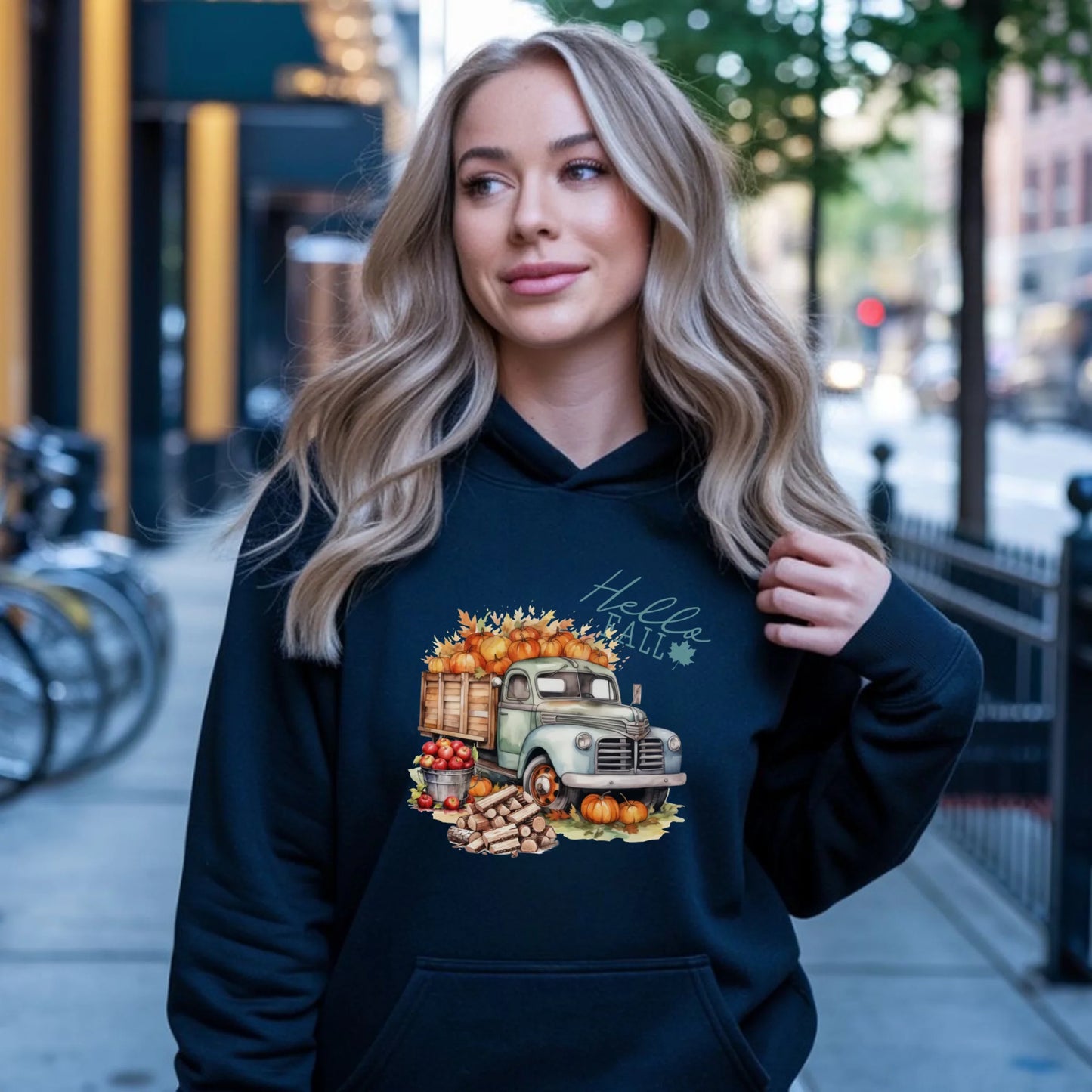Bluza damska z kapturem – Hello Fall ciężarówka z dyniami JS08 - StoryCups.pl