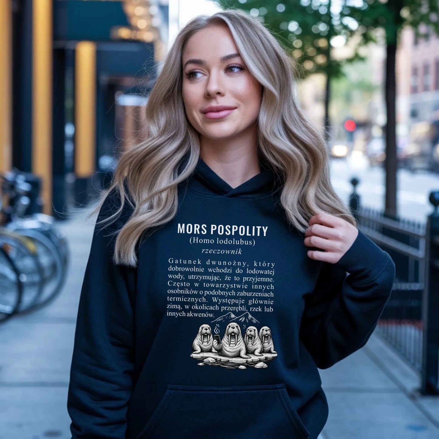 Bluza damska z kapturem - prezent dla morsa - Mors pospolity [Homo lodolubus] HM12 - StoryCups.pl