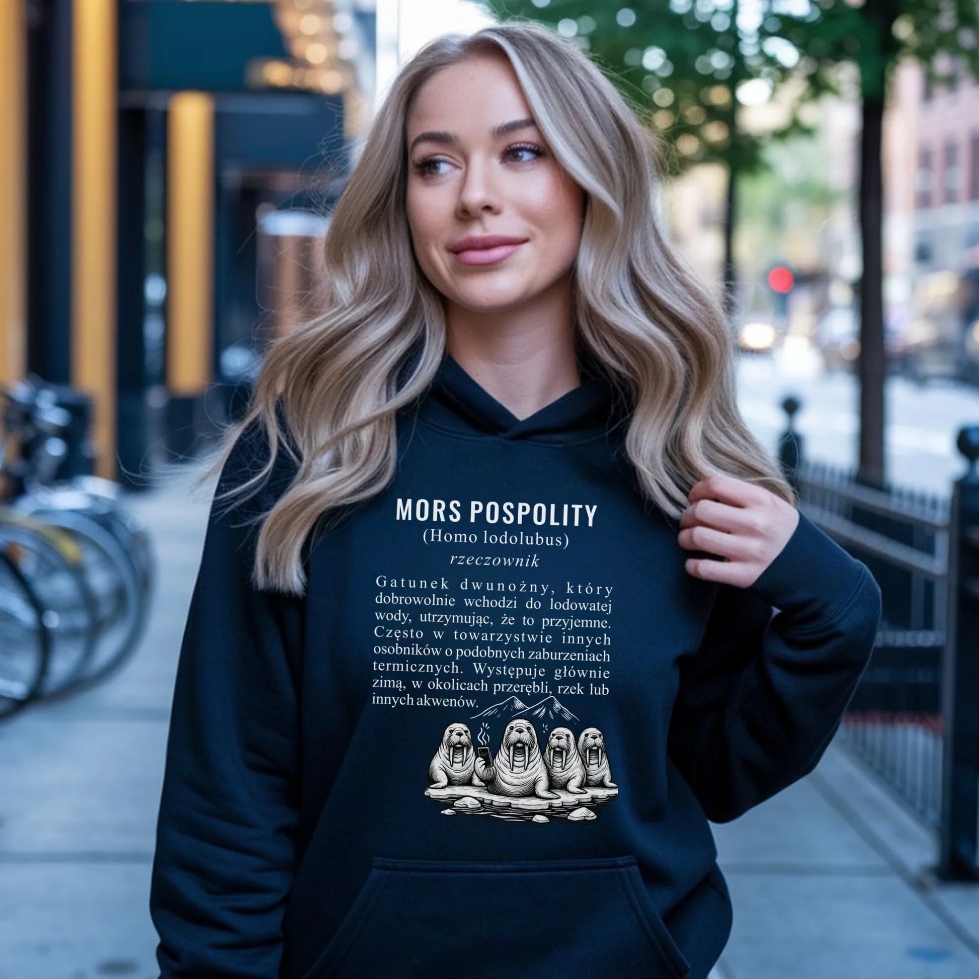Bluza damska z kapturem - prezent dla morsa - Mors pospolity [Homo lodolubus] HM12 - StoryCups.pl