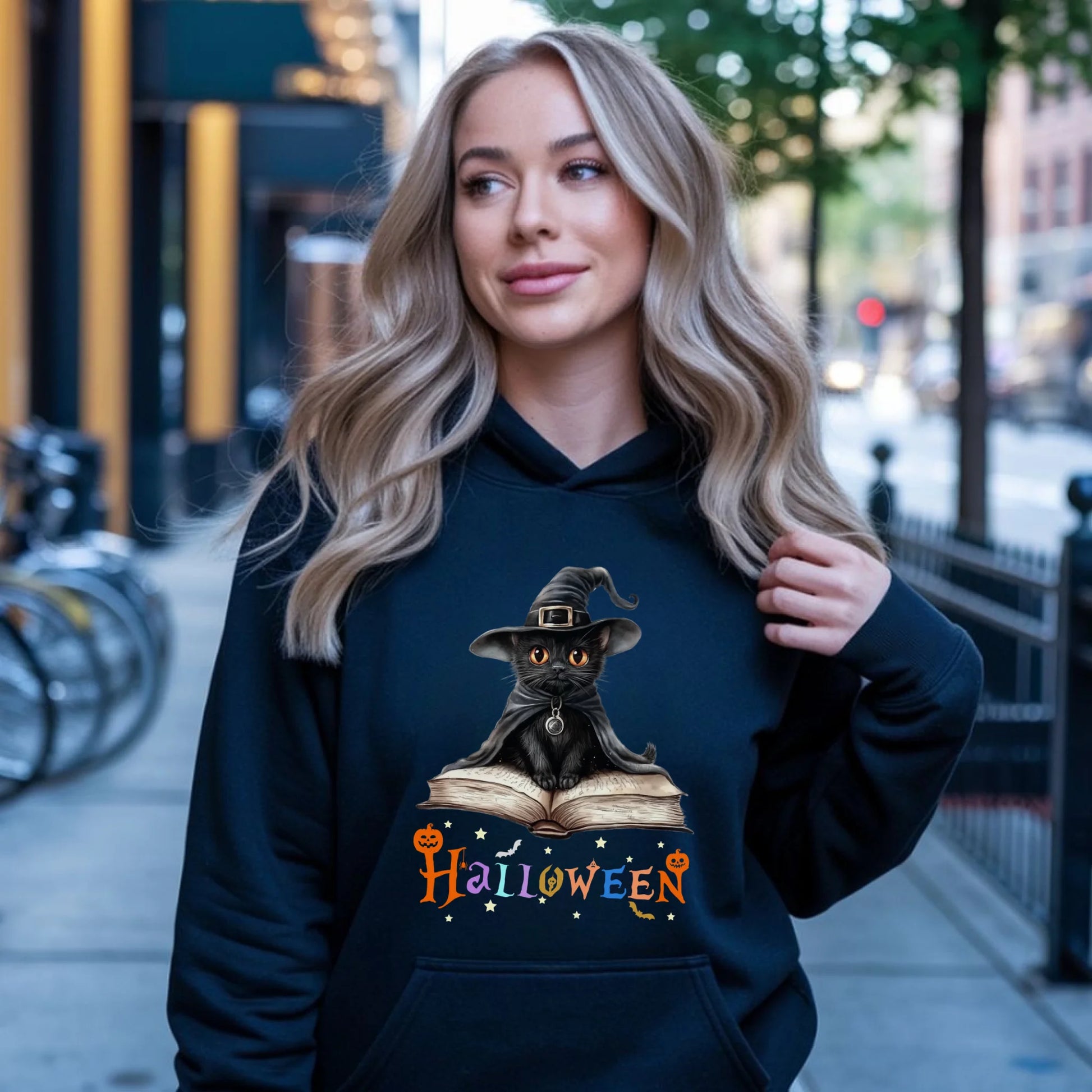 Bluza damska z kapturem na Halloween - Kot Czarodziej HL06 - StoryCups.pl