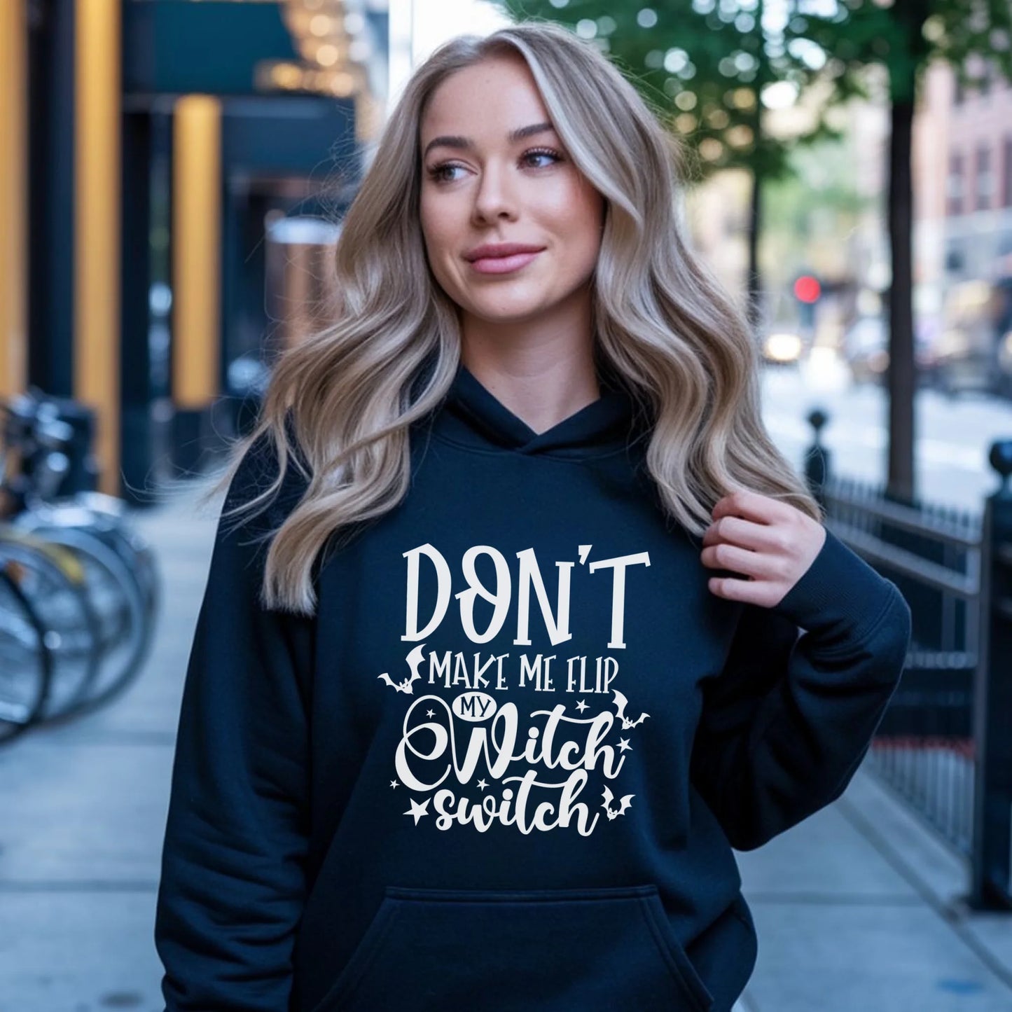 Bluza damska z kapturem na Halloween - Don't make me flip my witch switch - śmieszna HL11 - StoryCups.pl