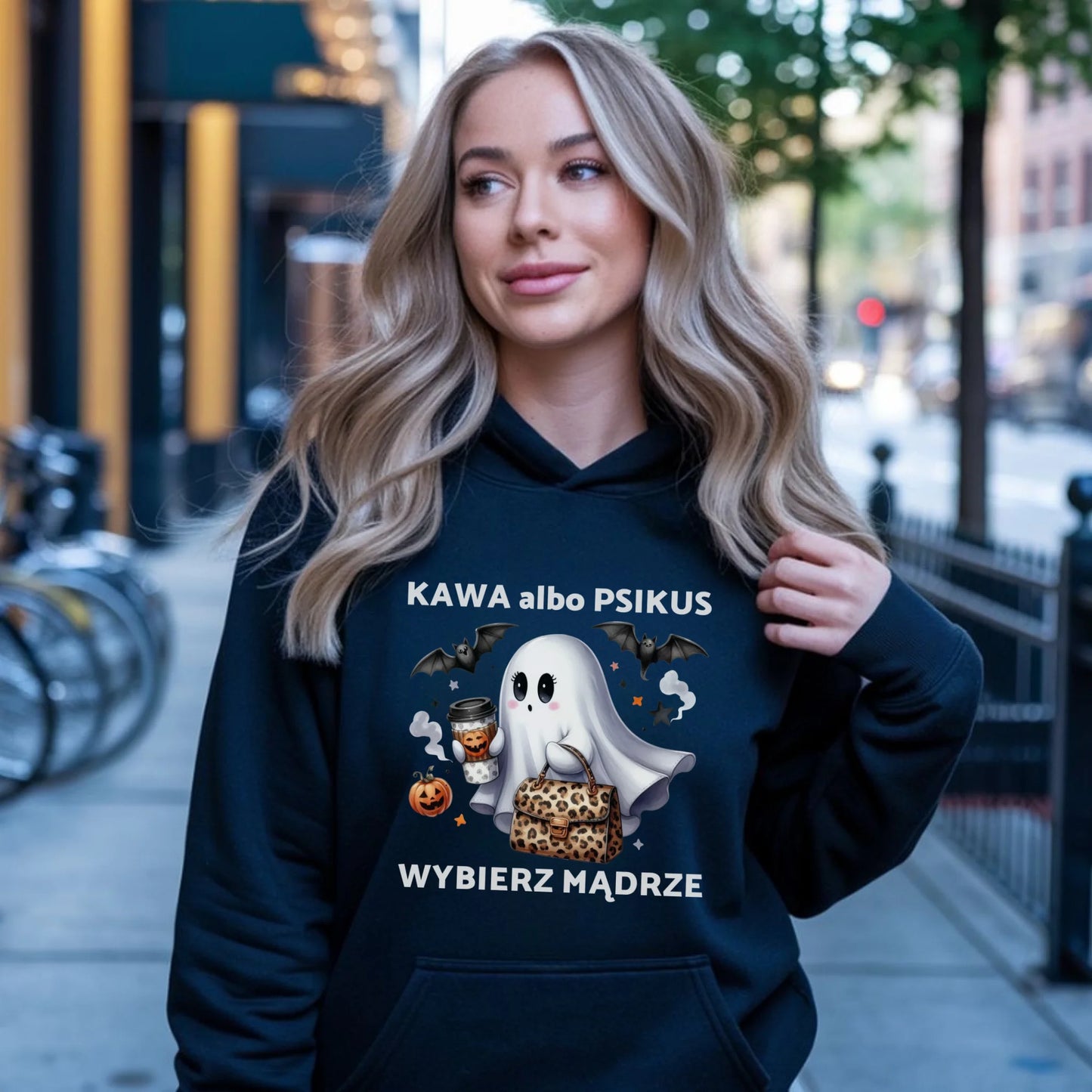Bluza damska z kapturem halloweenowa - Duch - Kawa albo psikus HL07 - StoryCups.pl