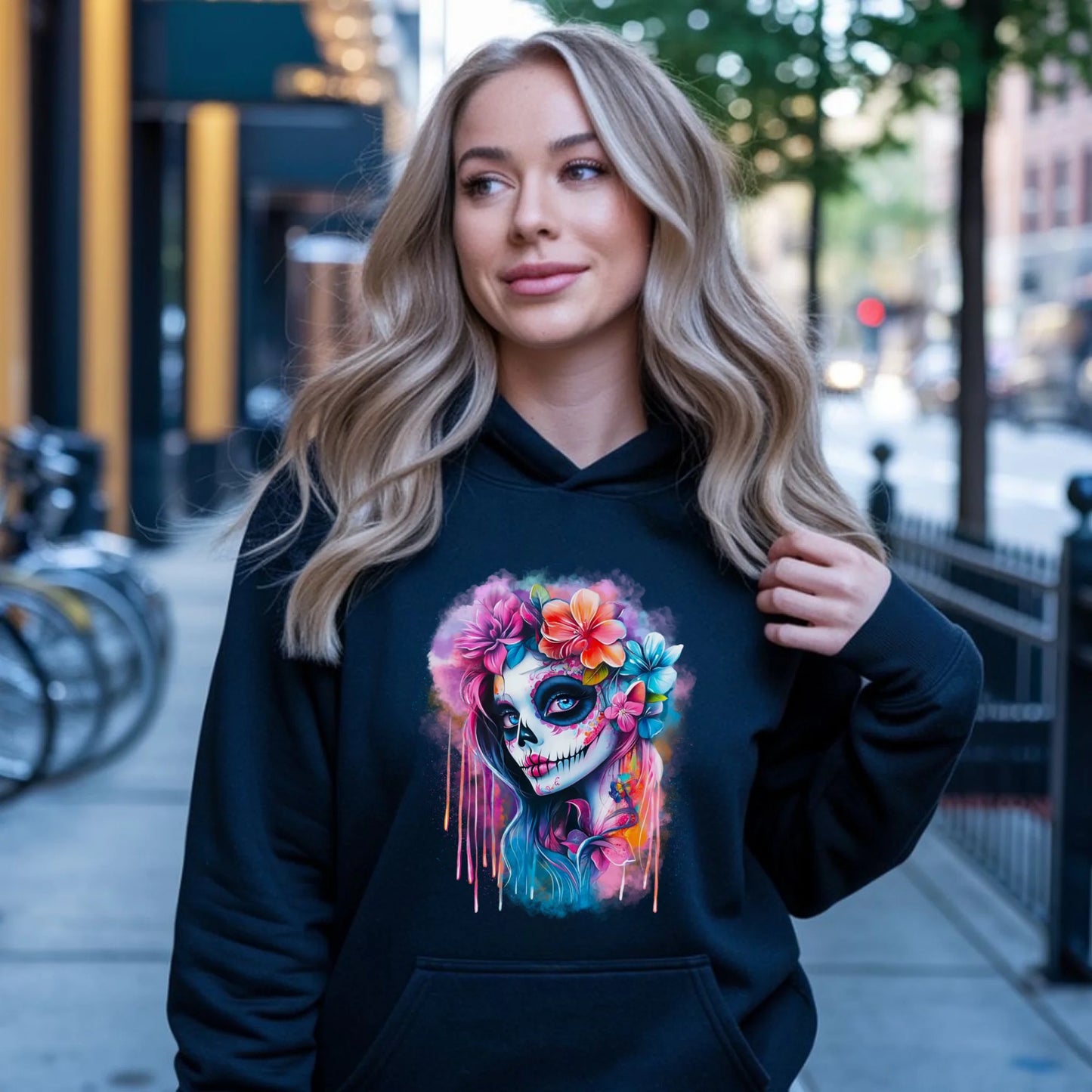 Bluza damska z kapturem Halloween - kolorowa czaszka z kwiatami La Muerte HL05 - StoryCups.pl