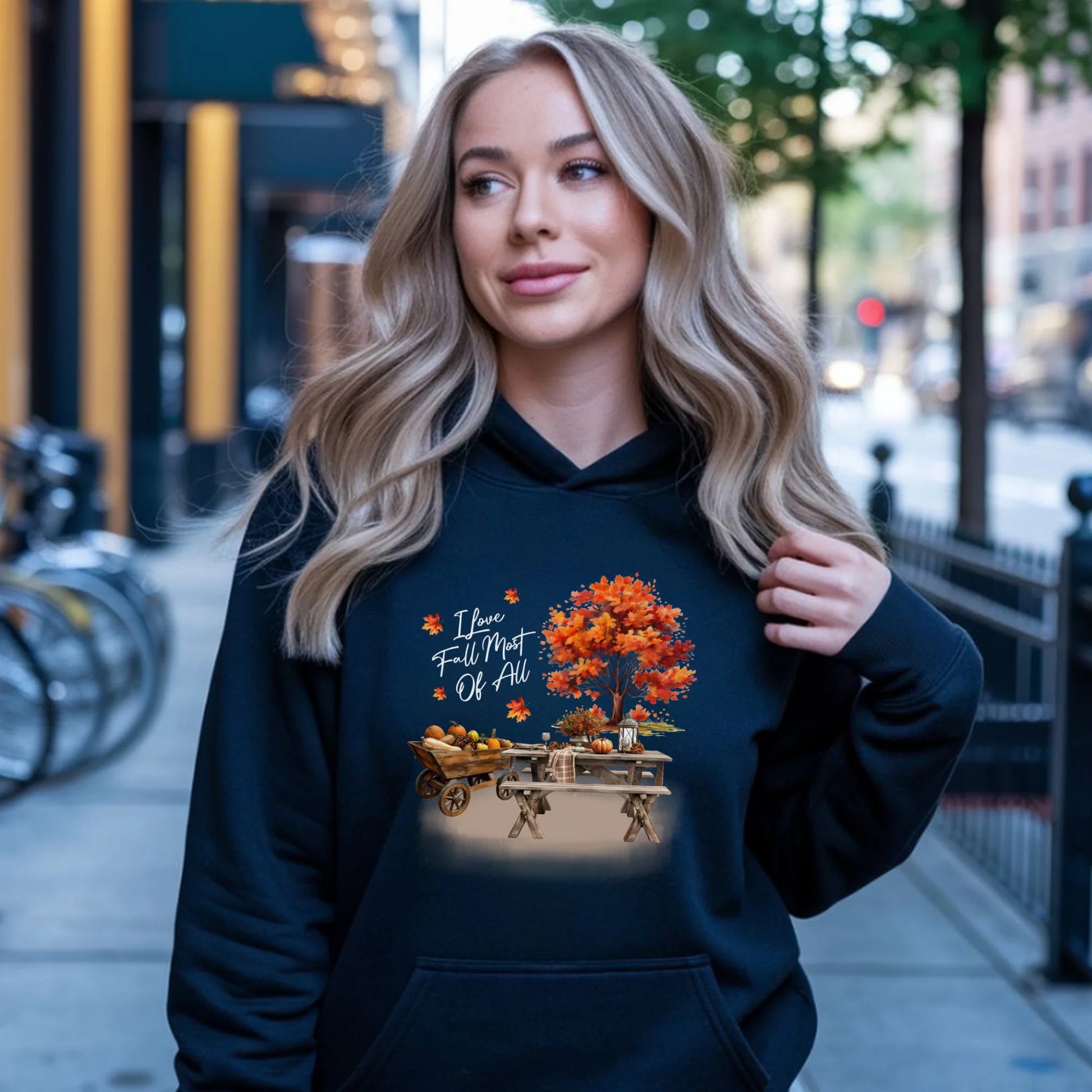 Bluza damska z kapturem jesieniara - Jesienny piknik z dyniami JS04 - StoryCups.pl