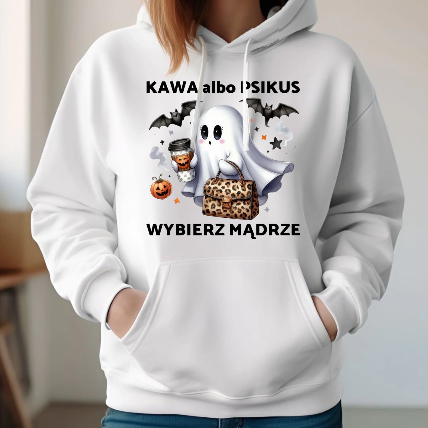 Bluza damska z kapturem halloweenowa - Duch - Kawa albo psikus HL07 - StoryCups.pl