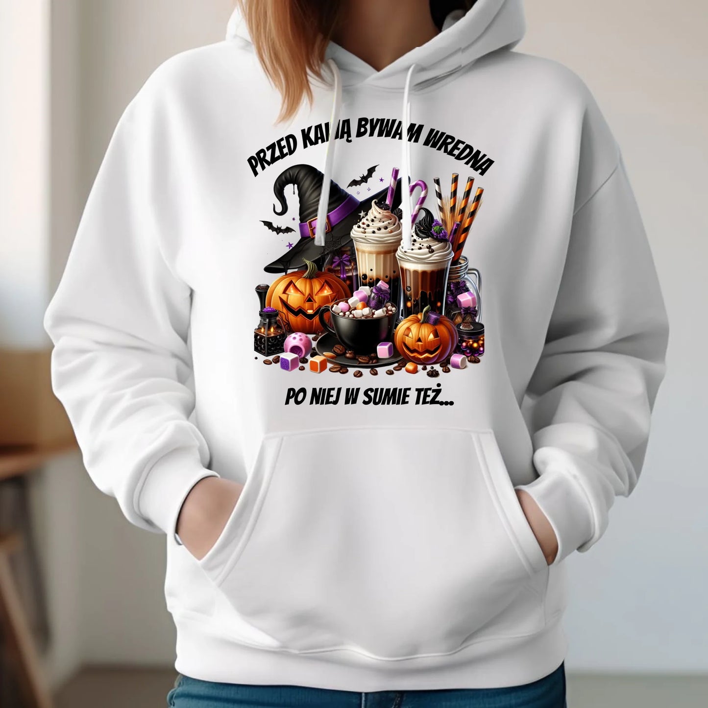 Bluza damska z kapturem Halloween – Przed kawą bywam wredna, po niej w sumie też HL30 - StoryCups.pl