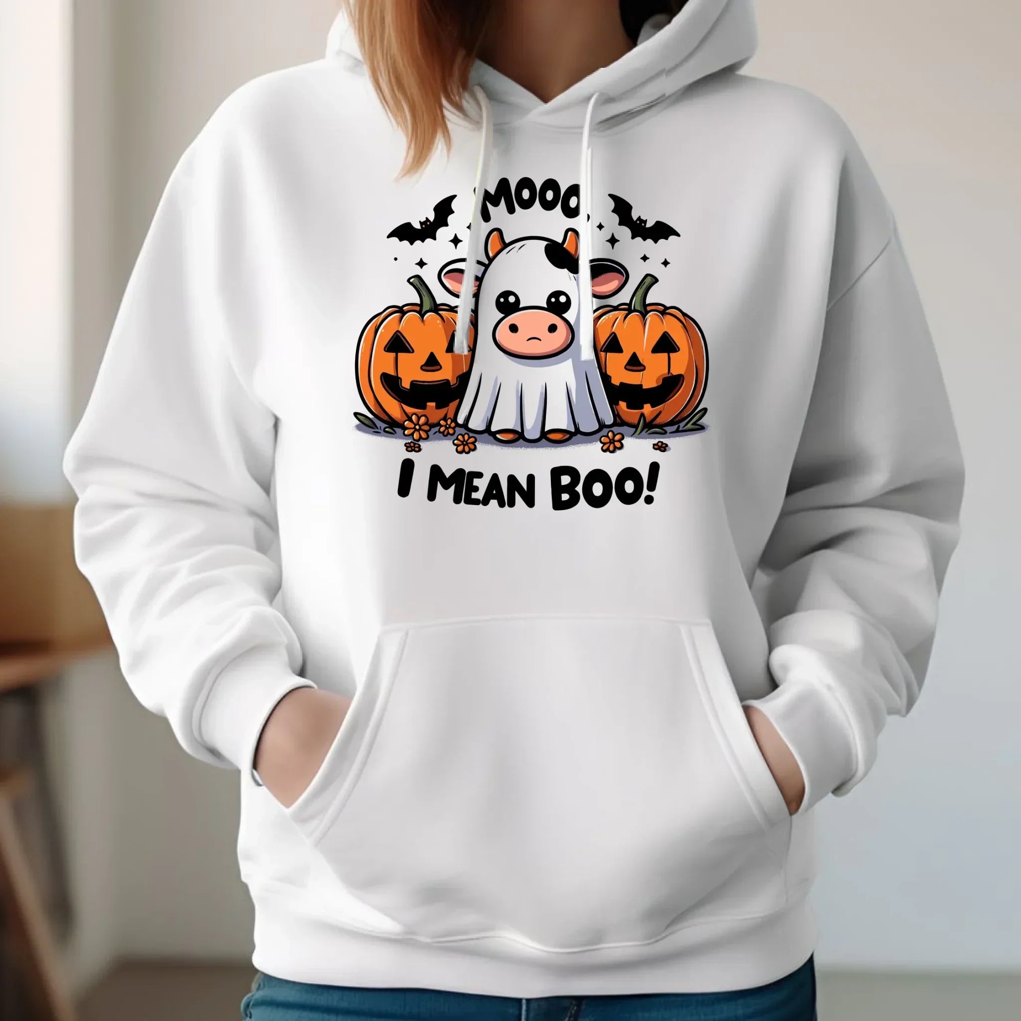 Bluza damska z kapturem na Halloween - Mooo I mean Boo! - z dynią i duchem HL14 - StoryCups.pl