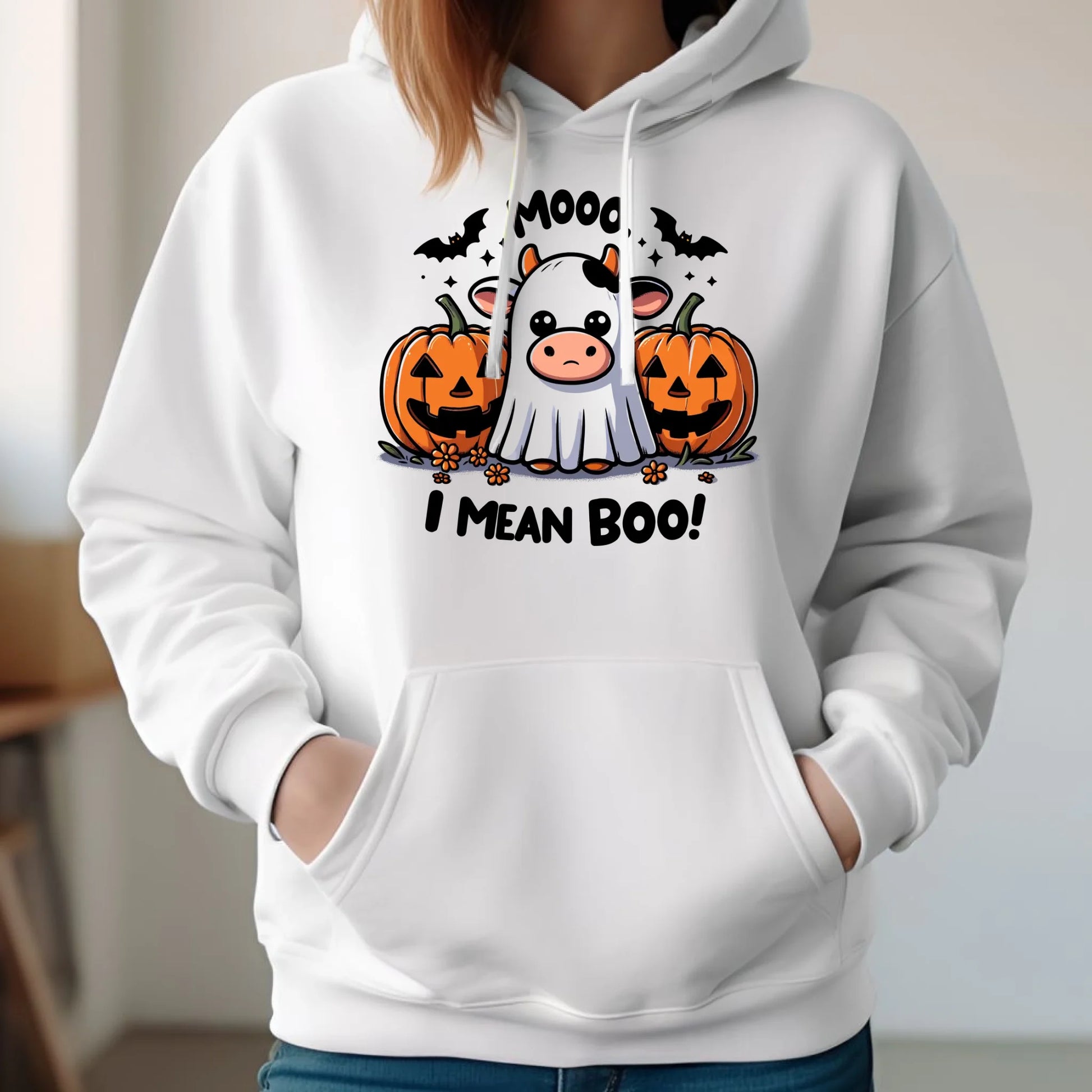 Bluza damska z kapturem na Halloween - Mooo I mean Boo! - z dynią i duchem HL14 - StoryCups.pl