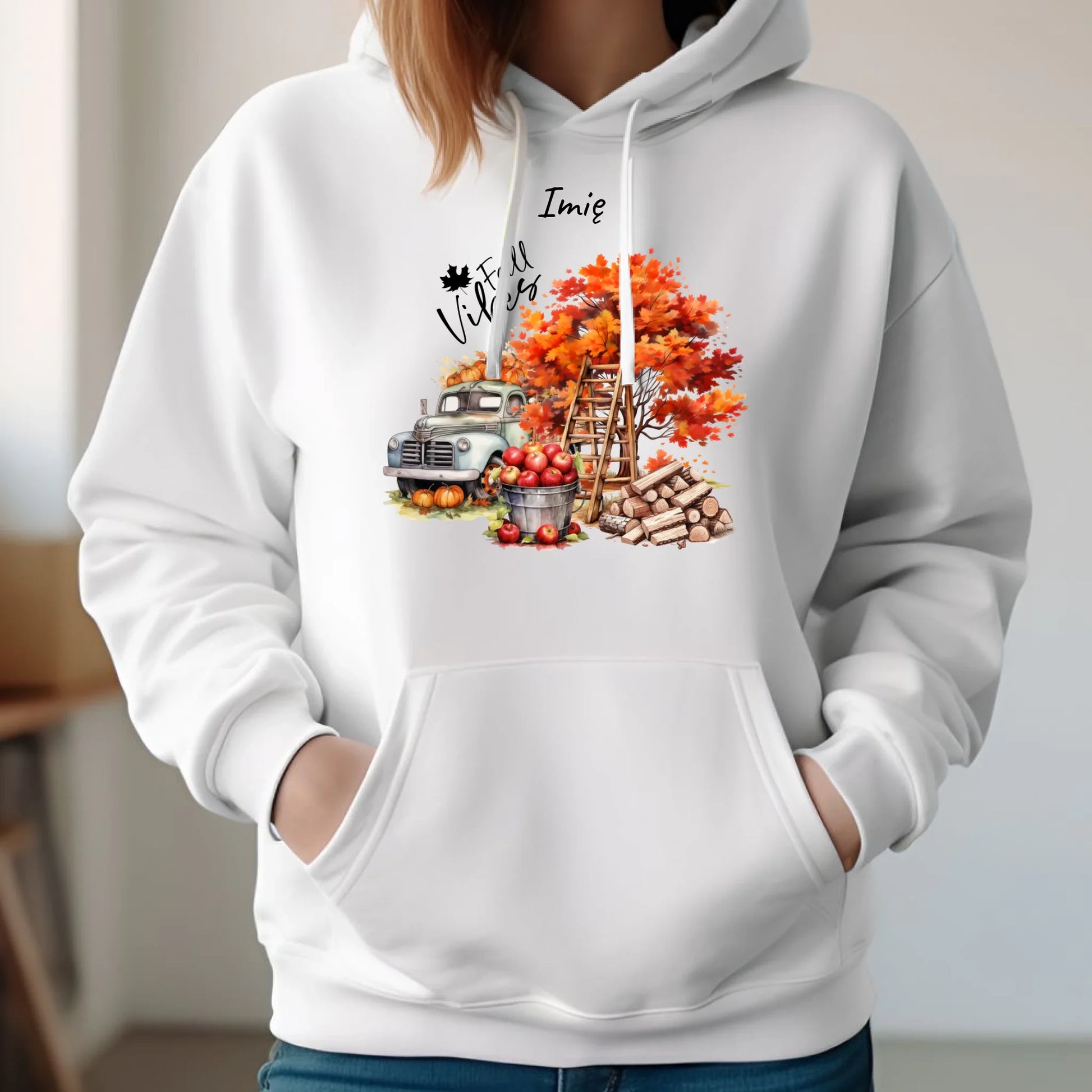 Bluza damska z kapturem jesienna – Vintage auto dynie i jabłka – personalizowana JS07 - StoryCups.pl