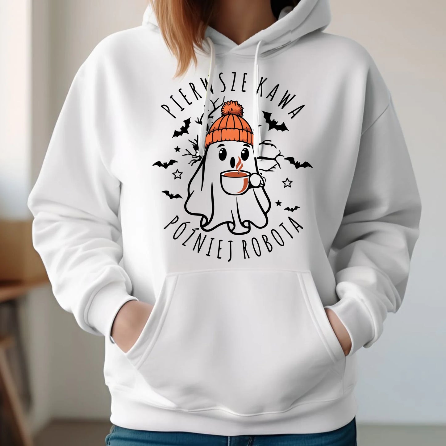 Bluza damska z kapturem na Halloween - Duch z kawą - Pierwsze kawa później robota HL01 - StoryCups.pl
