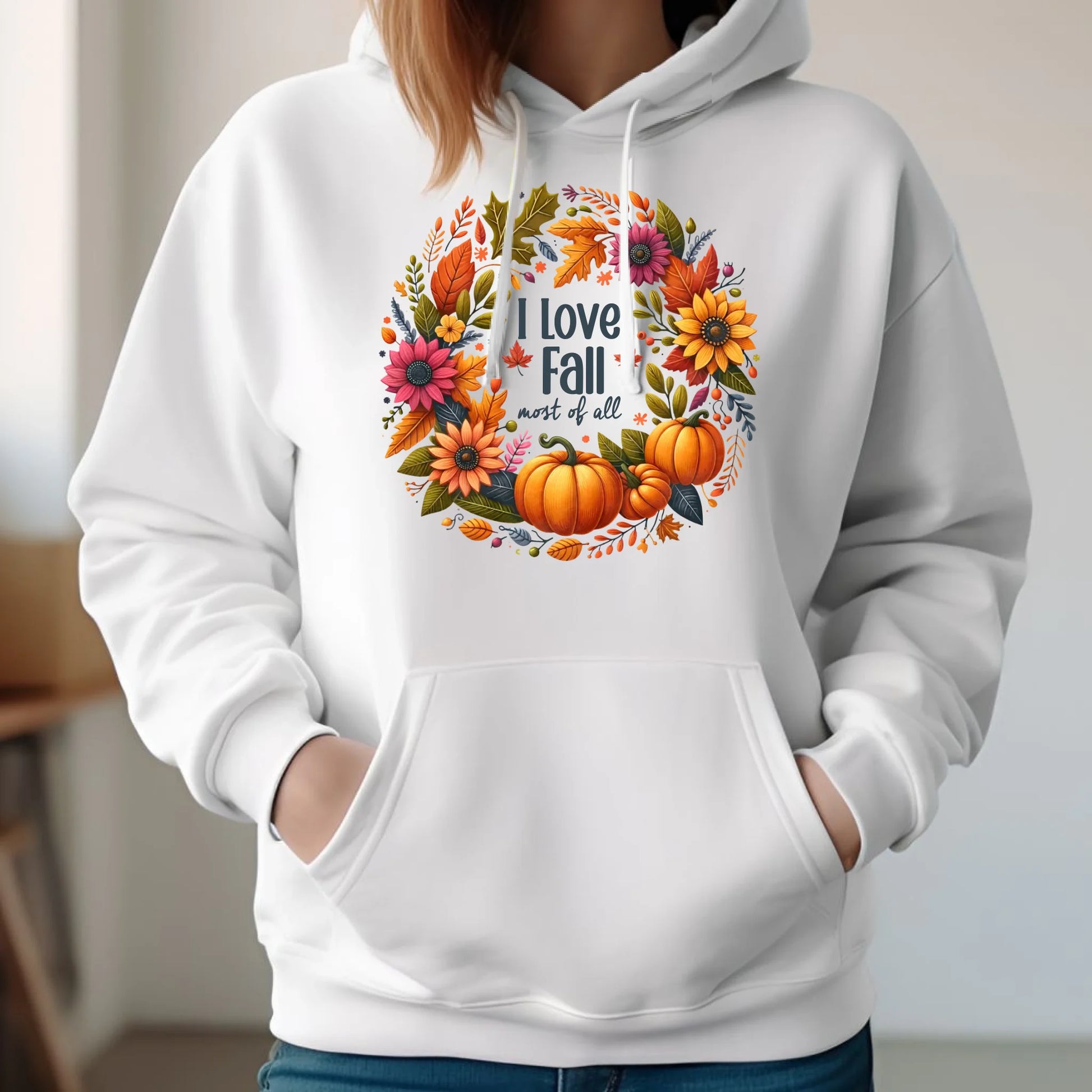 Bluza damska z kapturem jesienna - Kocham jesień - dynia z liśćmi JS03 - StoryCups.pl