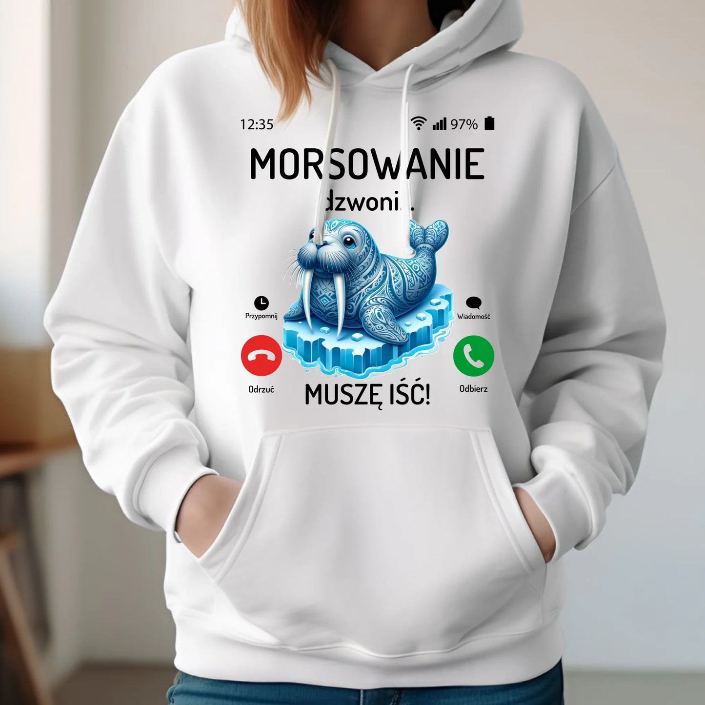 Bluza damska z kapturem - prezent dla morsa - Morsowanie dzwoni muszę iść - Mors HM04 - StoryCups.pl
