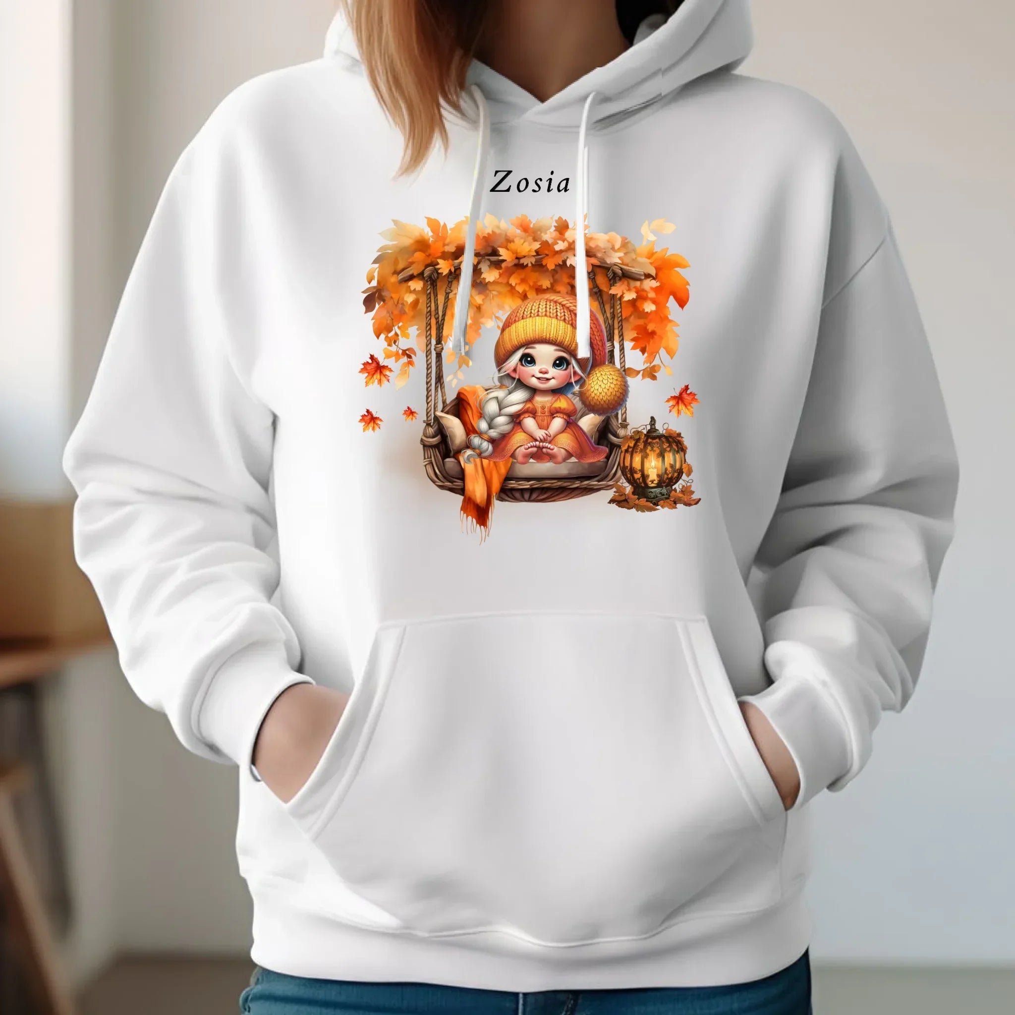 Bluza damska z kapturem jesieniara - Dziewczynka z liśćmi - personalizowana JS17 - StoryCups.pl