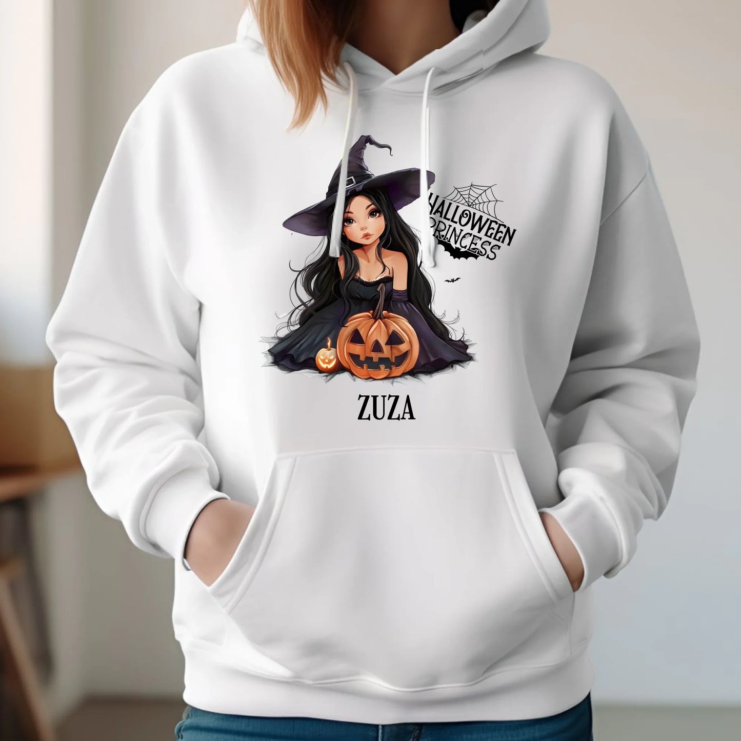 Bluza damska z kapturem halloweenowa - Czarownica z dynią - personalizowana HL10 - StoryCups.pl