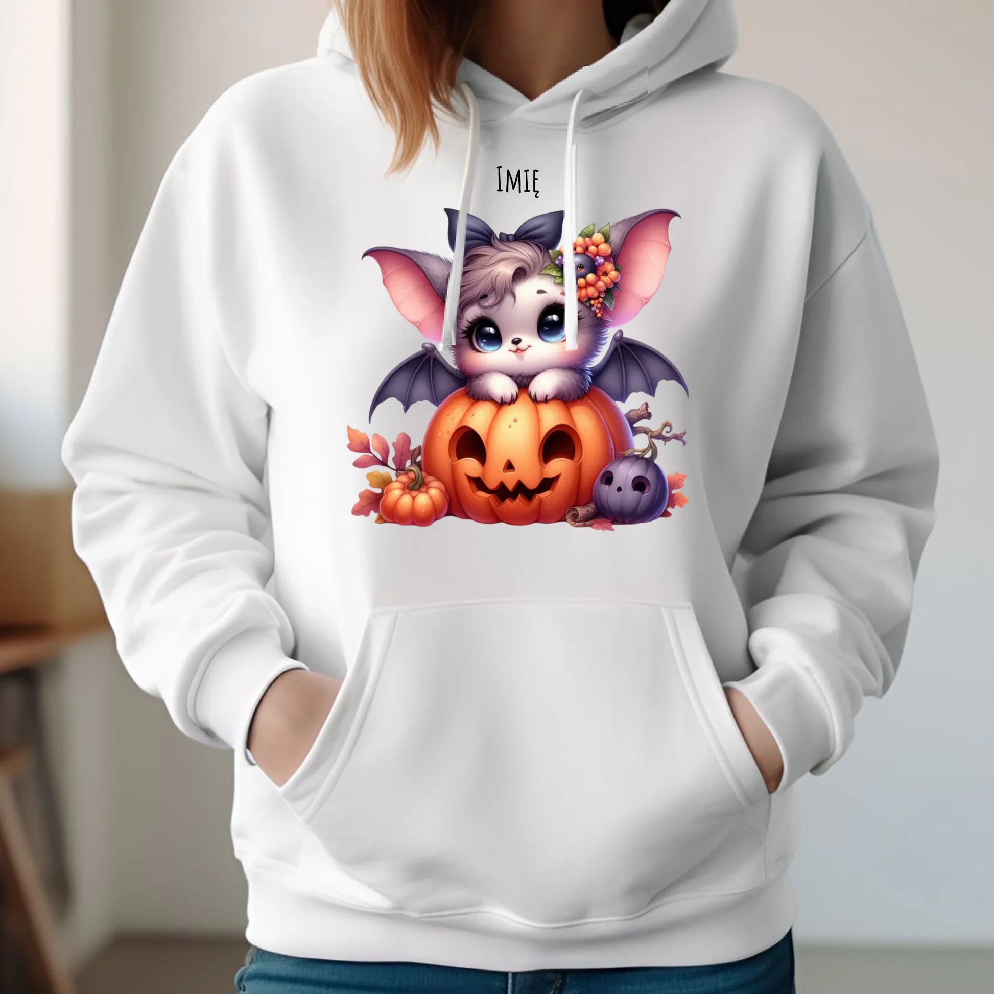 Bluza damska z kapturem halloweenowa - Uroczy nietoperz z dynią - personalizowana HL08 - StoryCups.pl