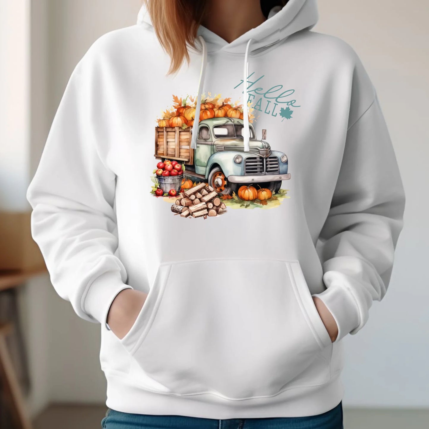 Bluza damska z kapturem – Hello Fall ciężarówka z dyniami JS08 - StoryCups.pl