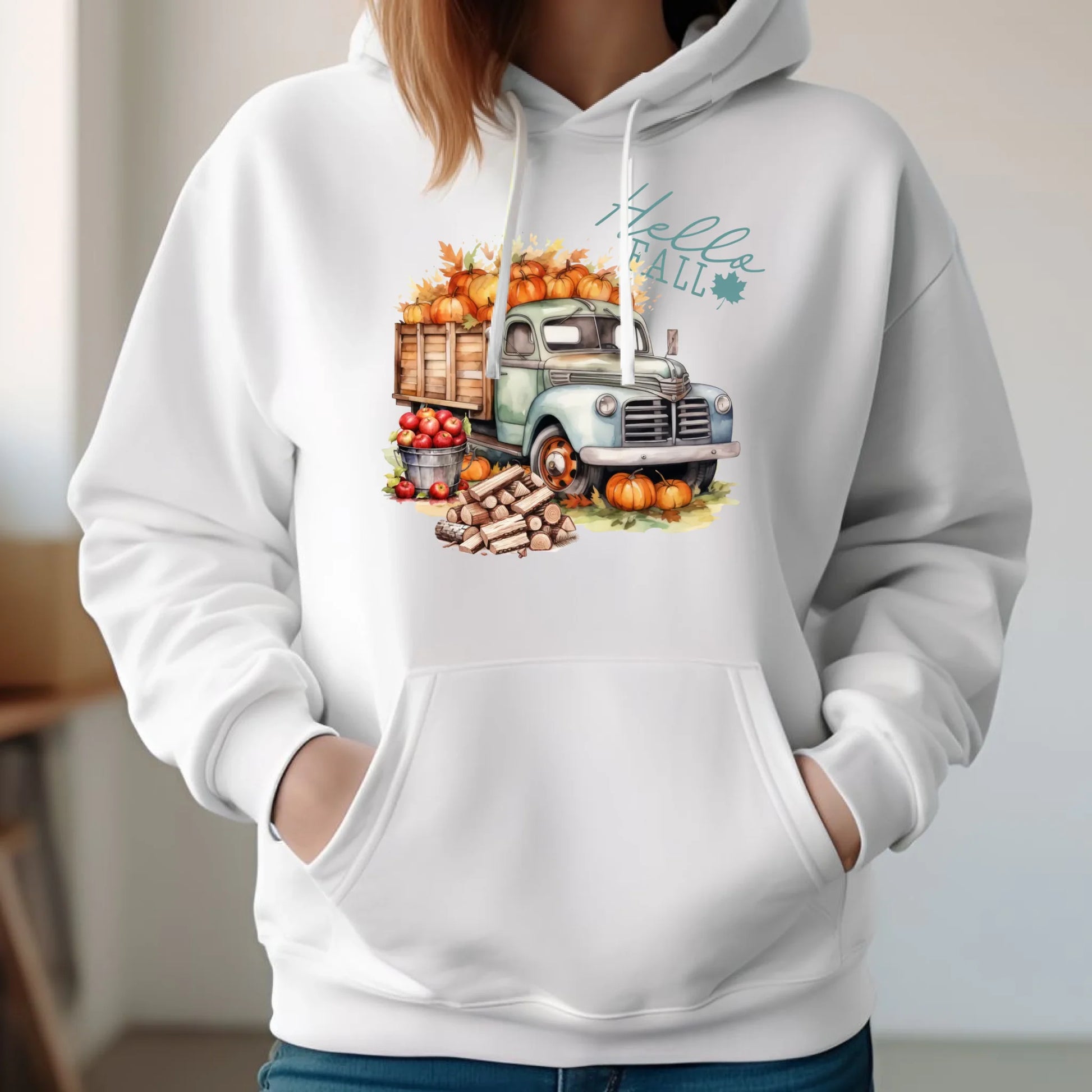 Bluza damska z kapturem – Hello Fall ciężarówka z dyniami JS08 - StoryCups.pl