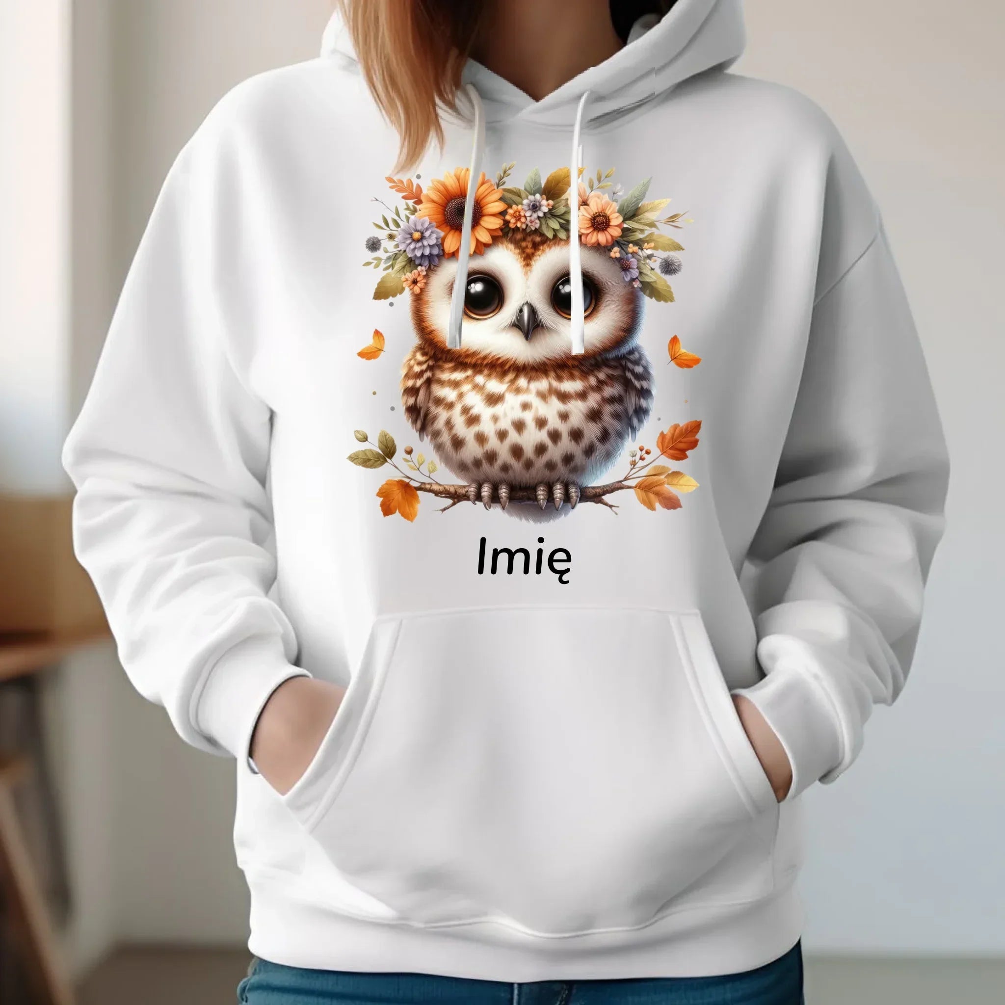 Bluza damska z kapturem jesienna - Sowa w kwiatach JS32 - StoryCups.pl