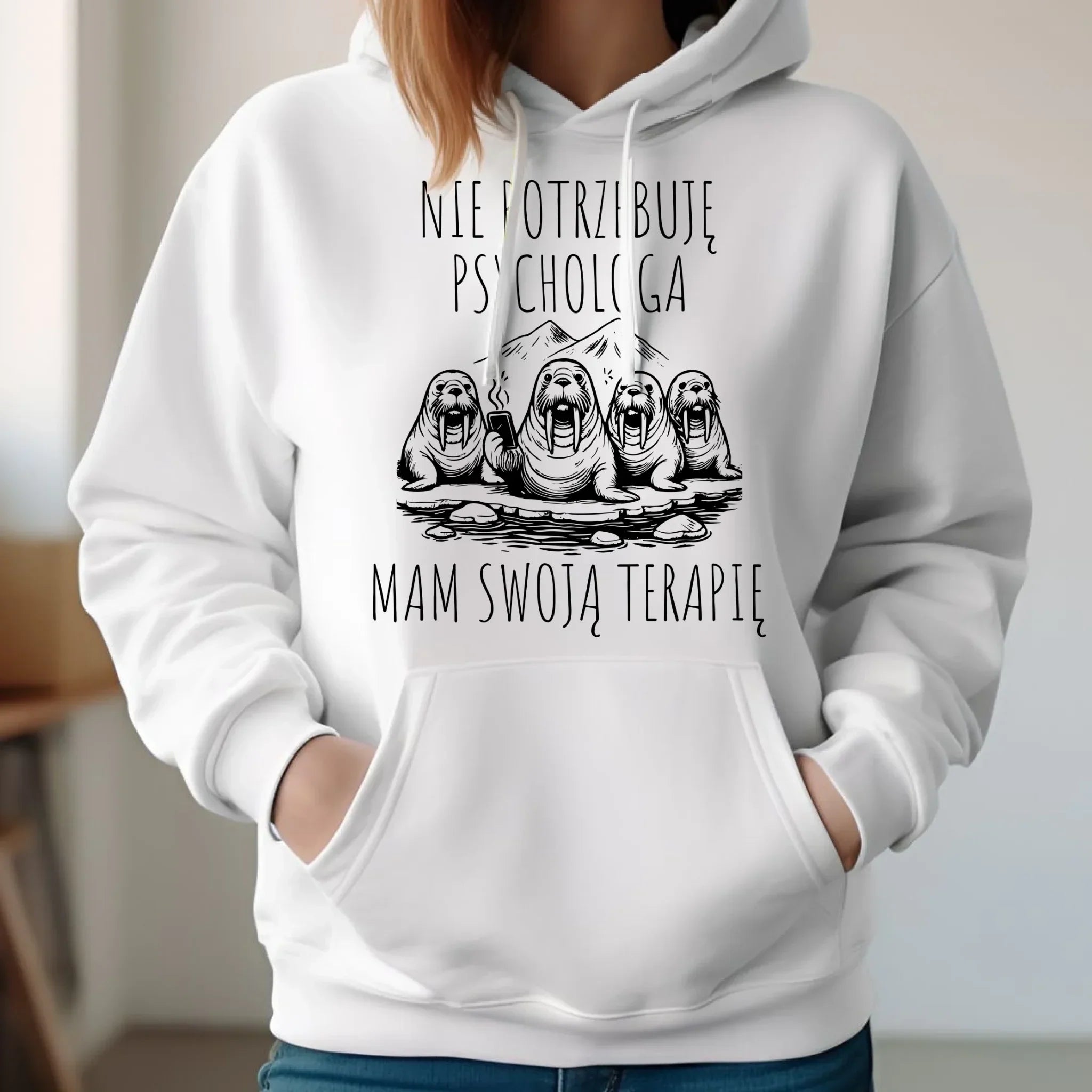 Bluza damska z kapturem - prezent dla morsa - Nie potrzebuję psychologa HM14 - StoryCups.pl