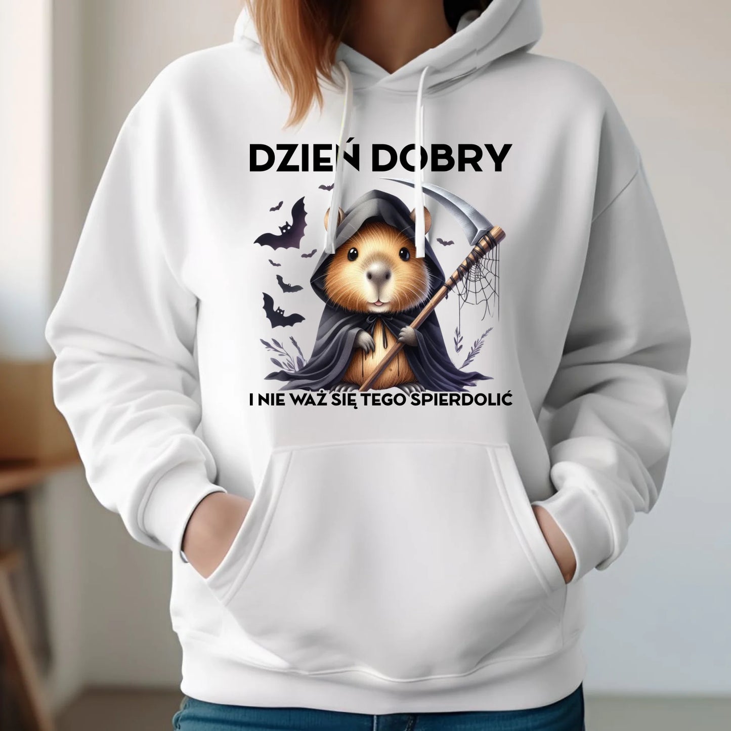 Bluza damska z kapturem na halloween - Kapibara Żniwiarz - Dzień dobry - bez cenzury HL20 - StoryCups.pl