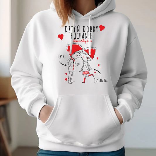 Bluza damska z kapturem dla par - prezent na Walentynki - Dzień dobry Kochanie - personalizowana W10 - StoryCups.pl