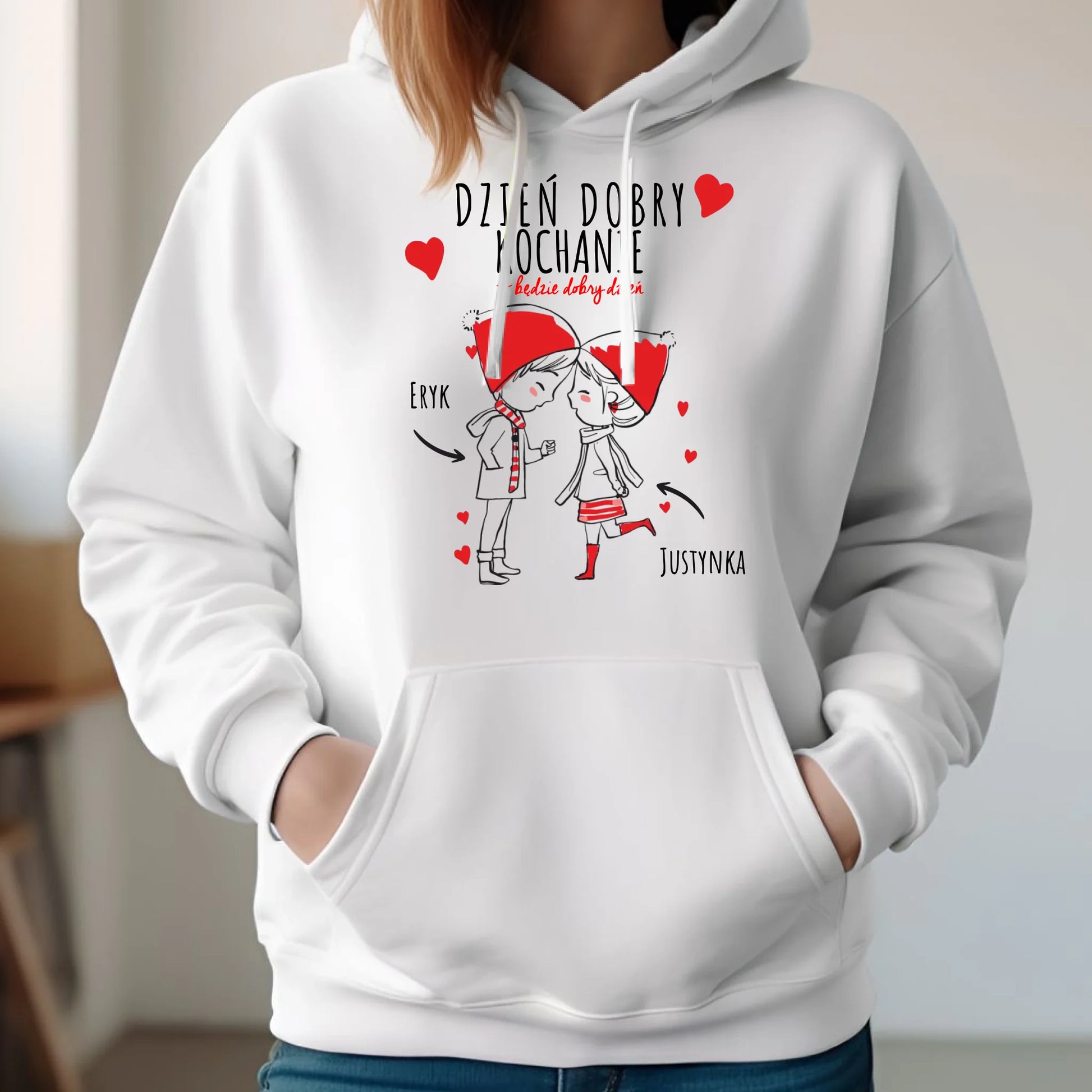 Bluza damska z kapturem dla par - prezent na Walentynki - Dzień dobry Kochanie - personalizowana W10 - StoryCups.pl