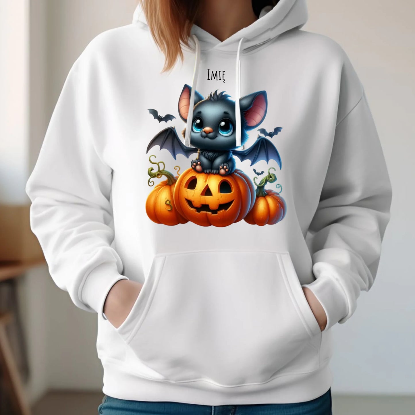 Bluza damska z kapturem halloweenowa - Słodki nietoperz z dynią - personalizowana HL09 - StoryCups.pl