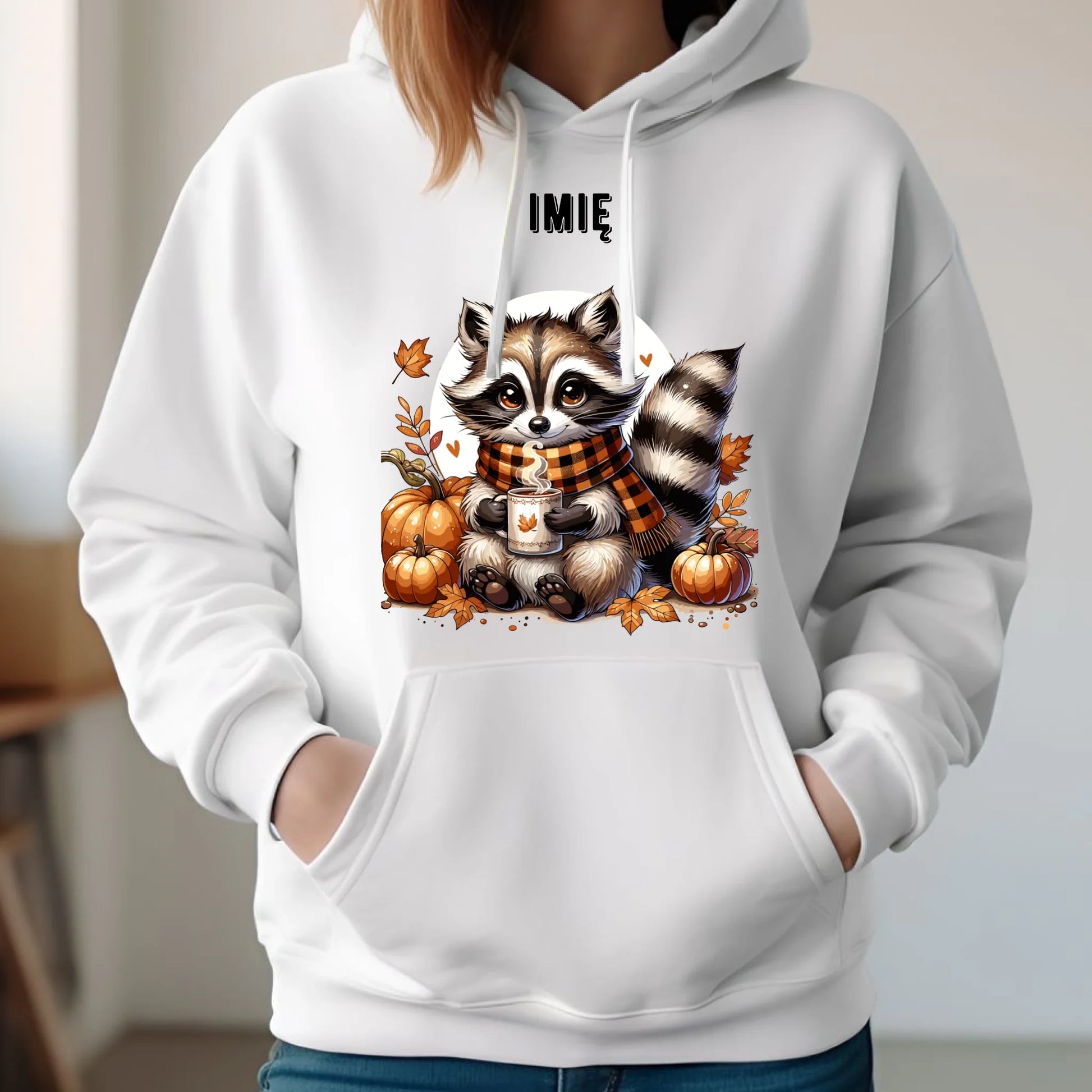 Bluza damska z kapturem jesienna – Szop z kawą i dyniami - personalizowana JS16 - StoryCups.pl