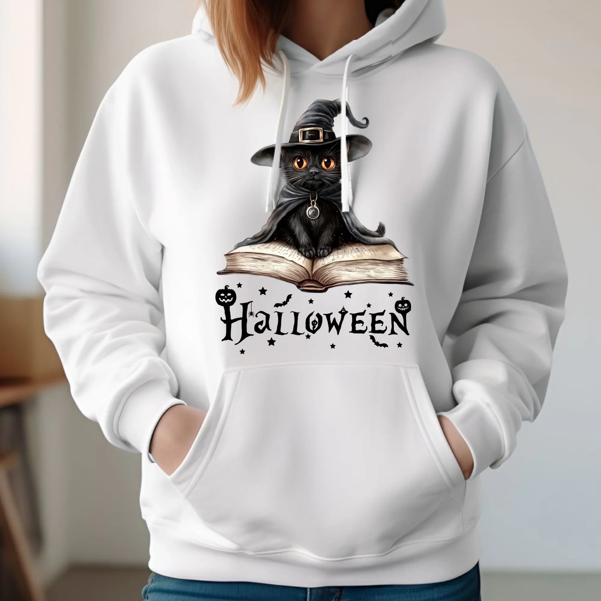 Bluza damska z kapturem na Halloween - Kot Czarodziej HL06 - StoryCups.pl