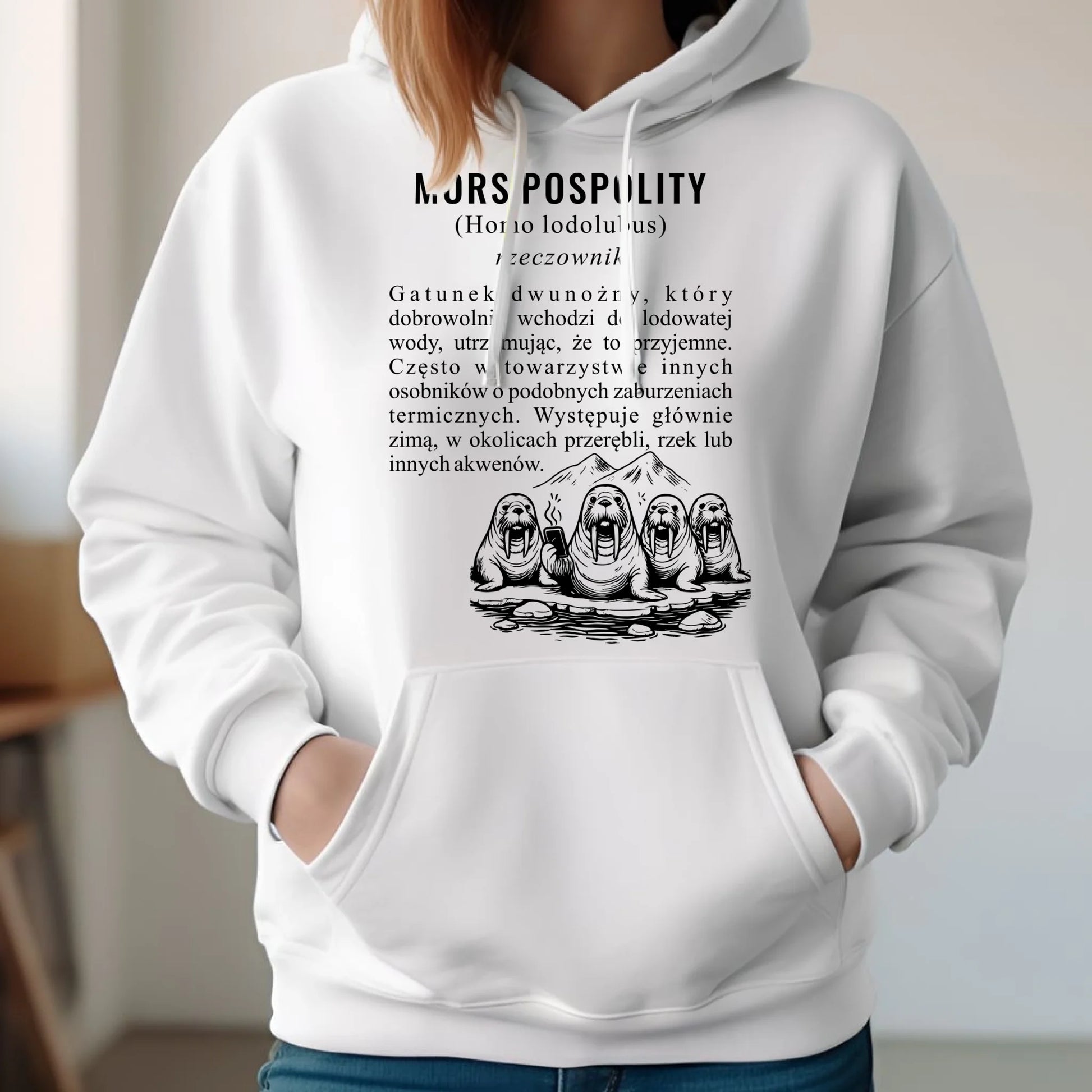 Bluza damska z kapturem - prezent dla morsa - Mors pospolity [Homo lodolubus] HM12 - StoryCups.pl